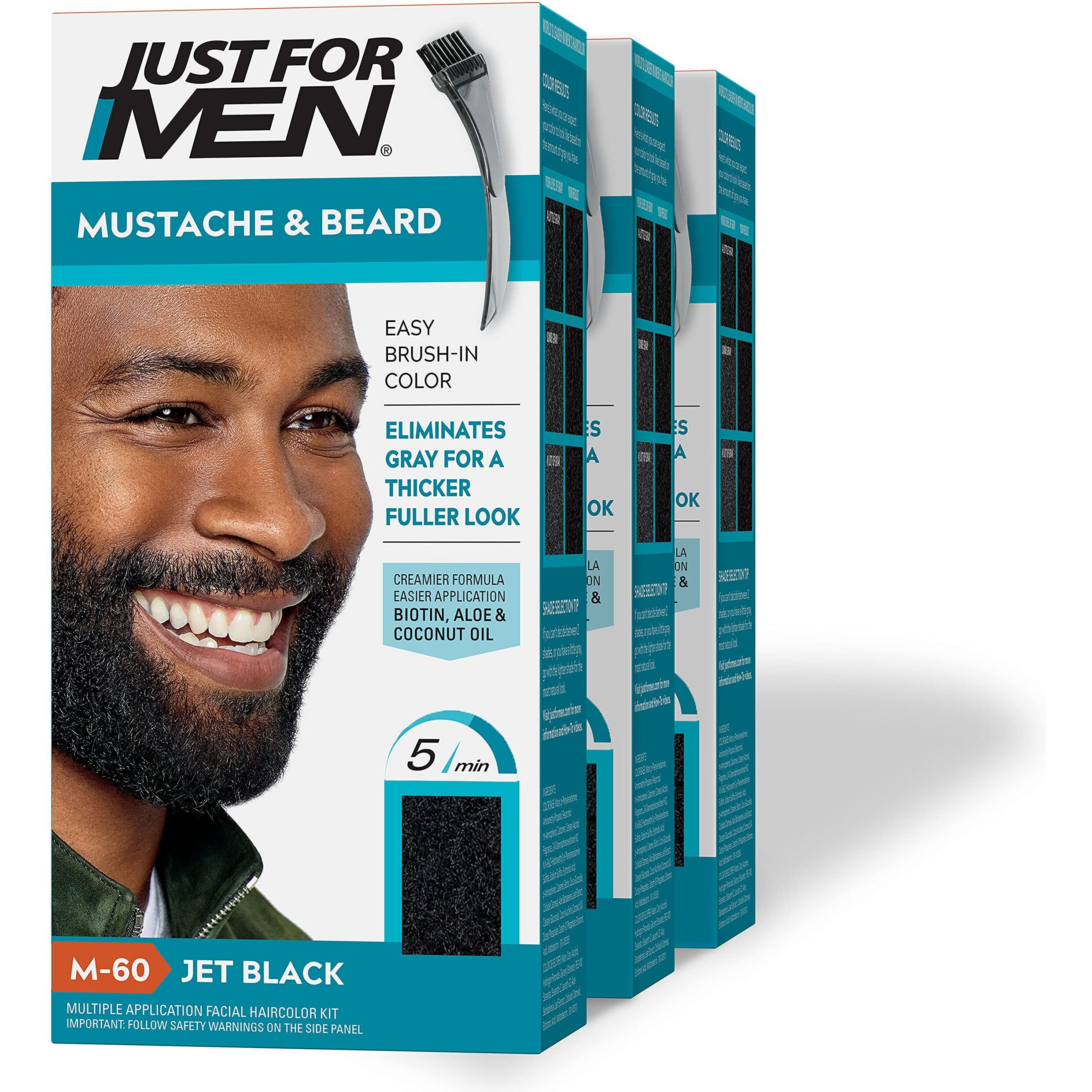 Just For Men Mustache & Beard, Beard Dye for Men with Brush Included for Easy Application, With Biotin Aloe and Coconut Oil for Healthy Facial Hair - Jet Black, M-60, Pack of 3