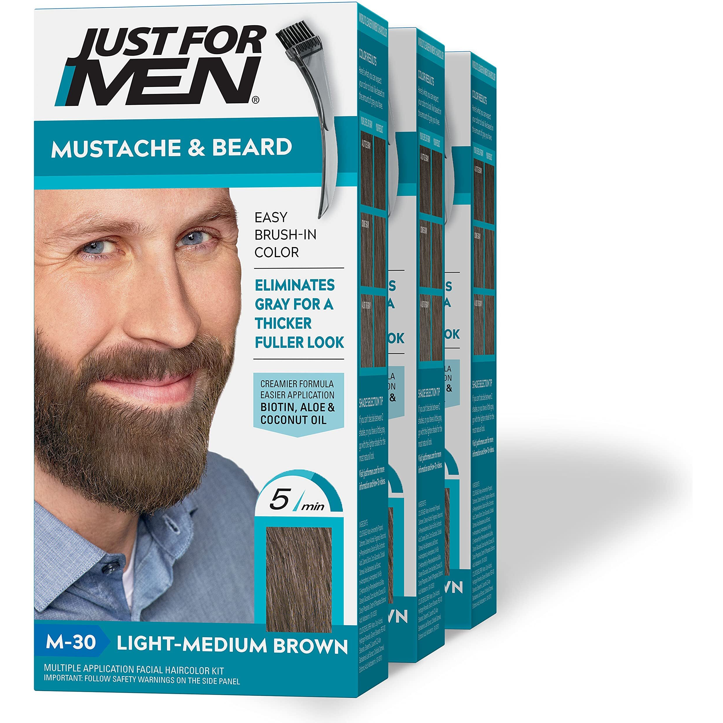 Just For Men Mustache & Beard, Beard Dye for Men with Brush Included for Easy Application, With Biotin Aloe and Coconut Oil for Healthy Facial Hair - Light-Medium Brown, M-30, Pack of 3