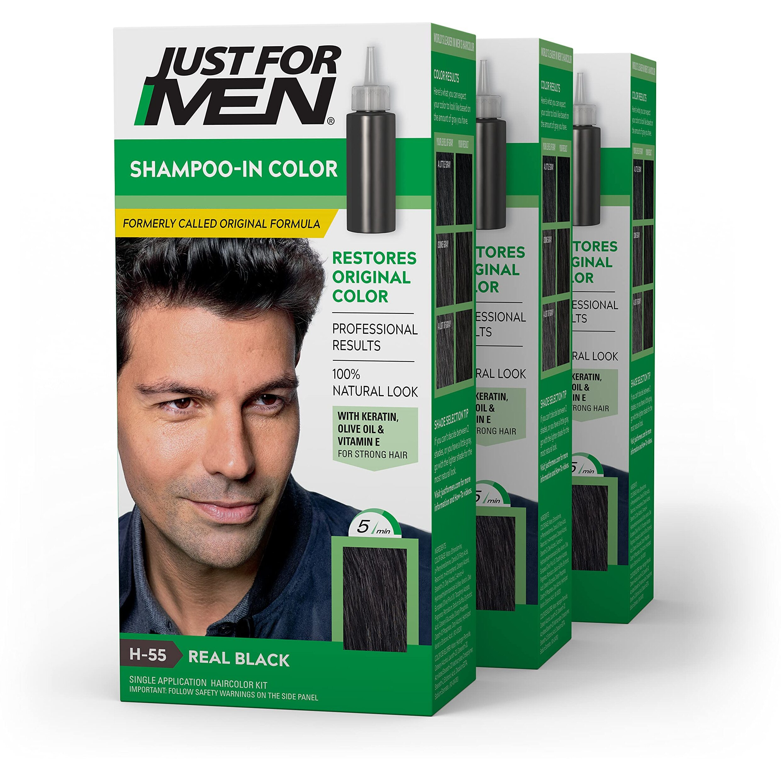 Just For Men Shampoo-In Color (Formerly Original Formula), Mens Hair Color with Keratin and Vitamin E for Stronger Hair - Real Black, H-55, Pack of 3