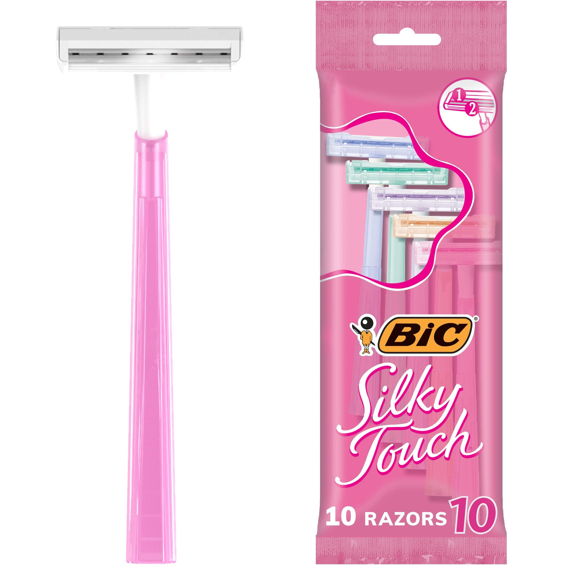 BIC Silky Touch Women's Disposable Razors, With 2 Blades, Pretty Pastel Razor Handles, 10 Count (Pack of 1)