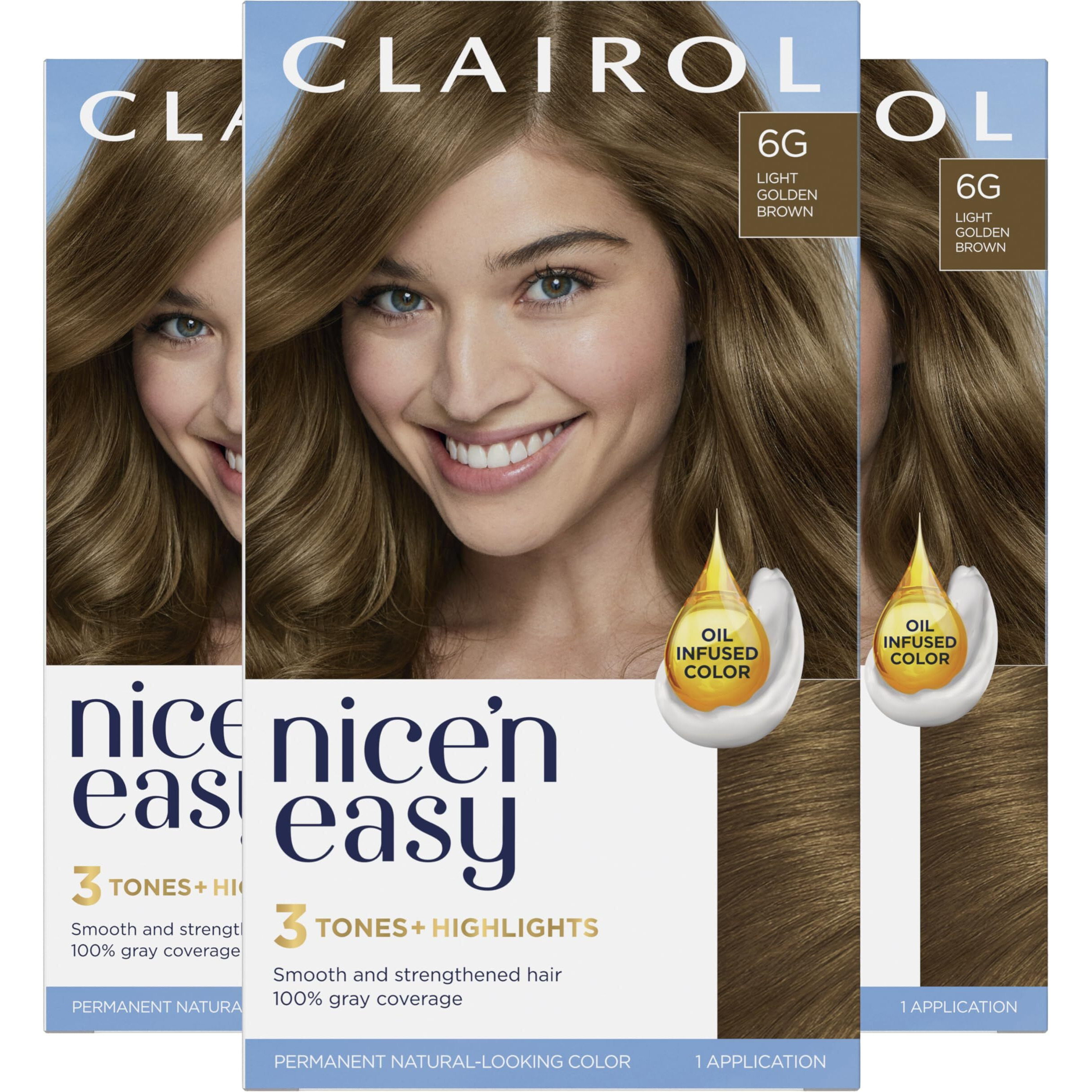 Clairol Nice'n Easy Permanent Hair Dye, 6G Light Golden Brown Hair Color, Pack of 3