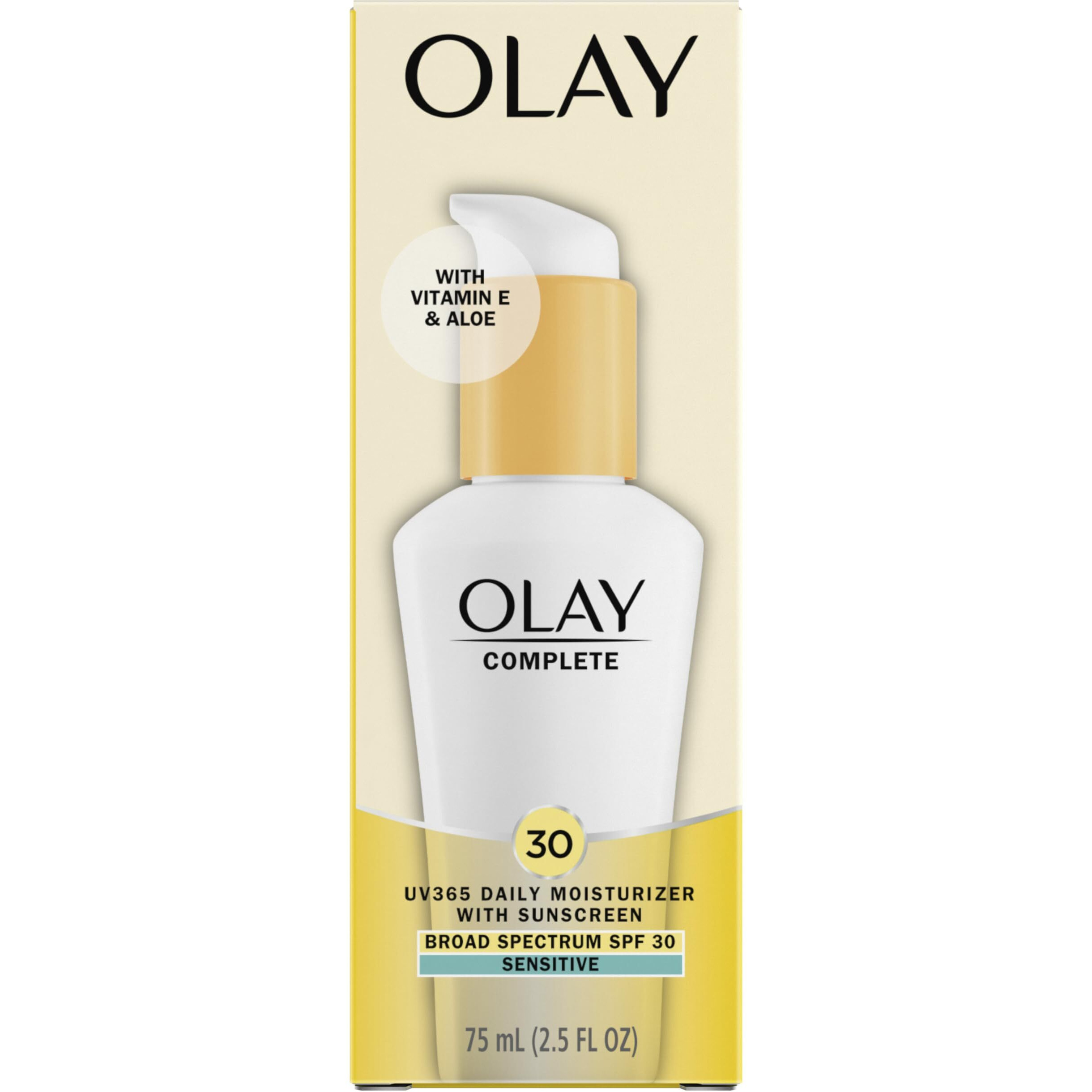 Olay Face Moisturizer Complete Daily Defense All Day Moisturizer With Sunscreen, SPF30, Sensitive Skin, 2.5 Fl Oz (Pack of 2)