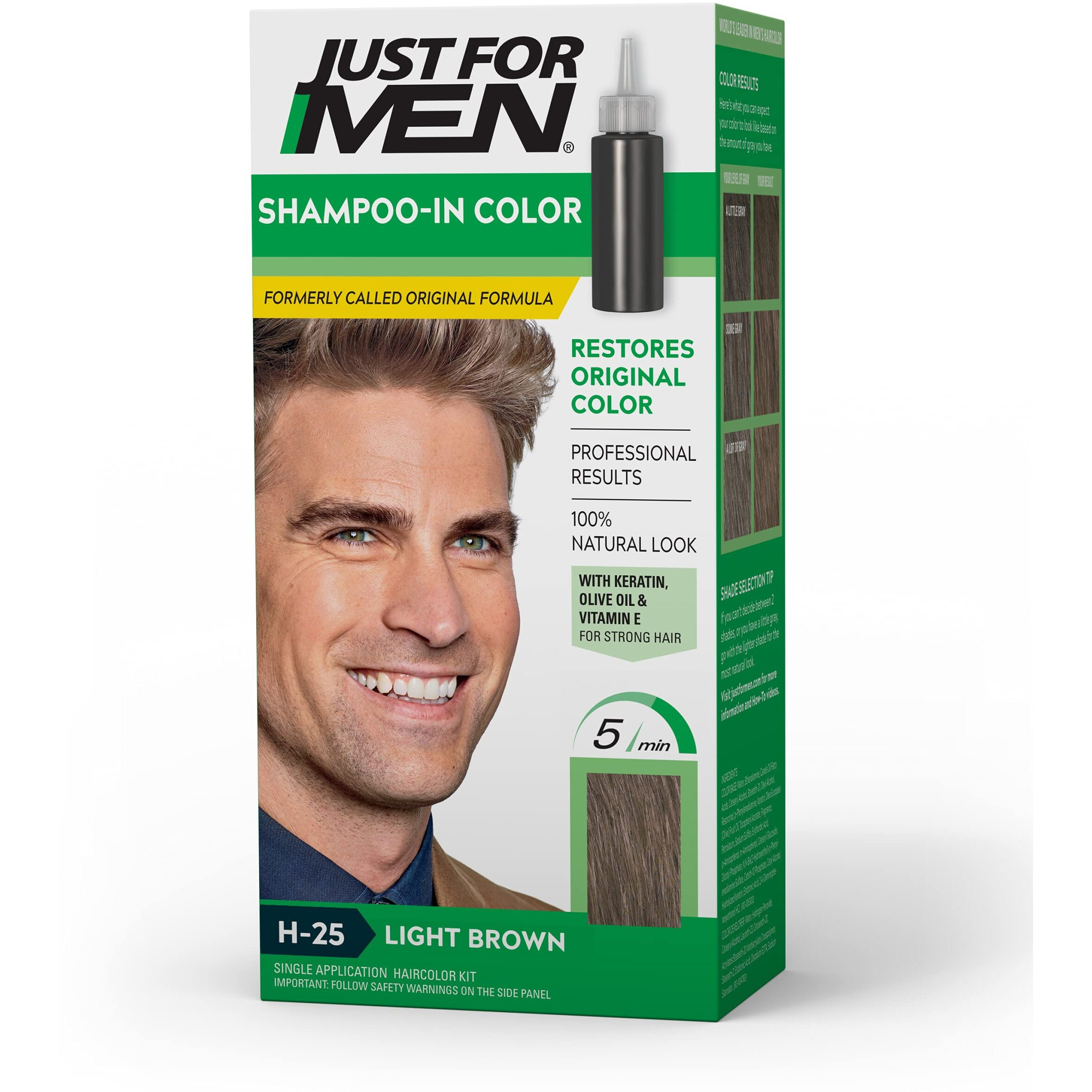 Just For Men Shampoo-In Color (Formerly Original Formula), Mens Hair Color with Keratin and Vitamin E for Stronger Hair - Light Brown, H-25, Pack of 1