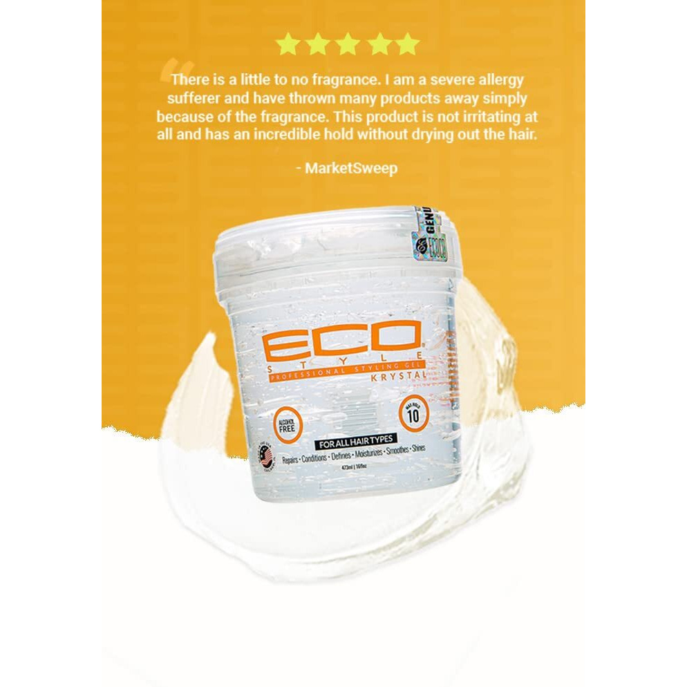 Ecoco Eco Style Hair Gel Krystal - Strong Hold - Ideal For Any Hair Type And Color - Adds Body And Shine To All Styles - Weightless - Moisturizes And Help Maintain Healthy Hair - Non-Flaking - 16 Oz