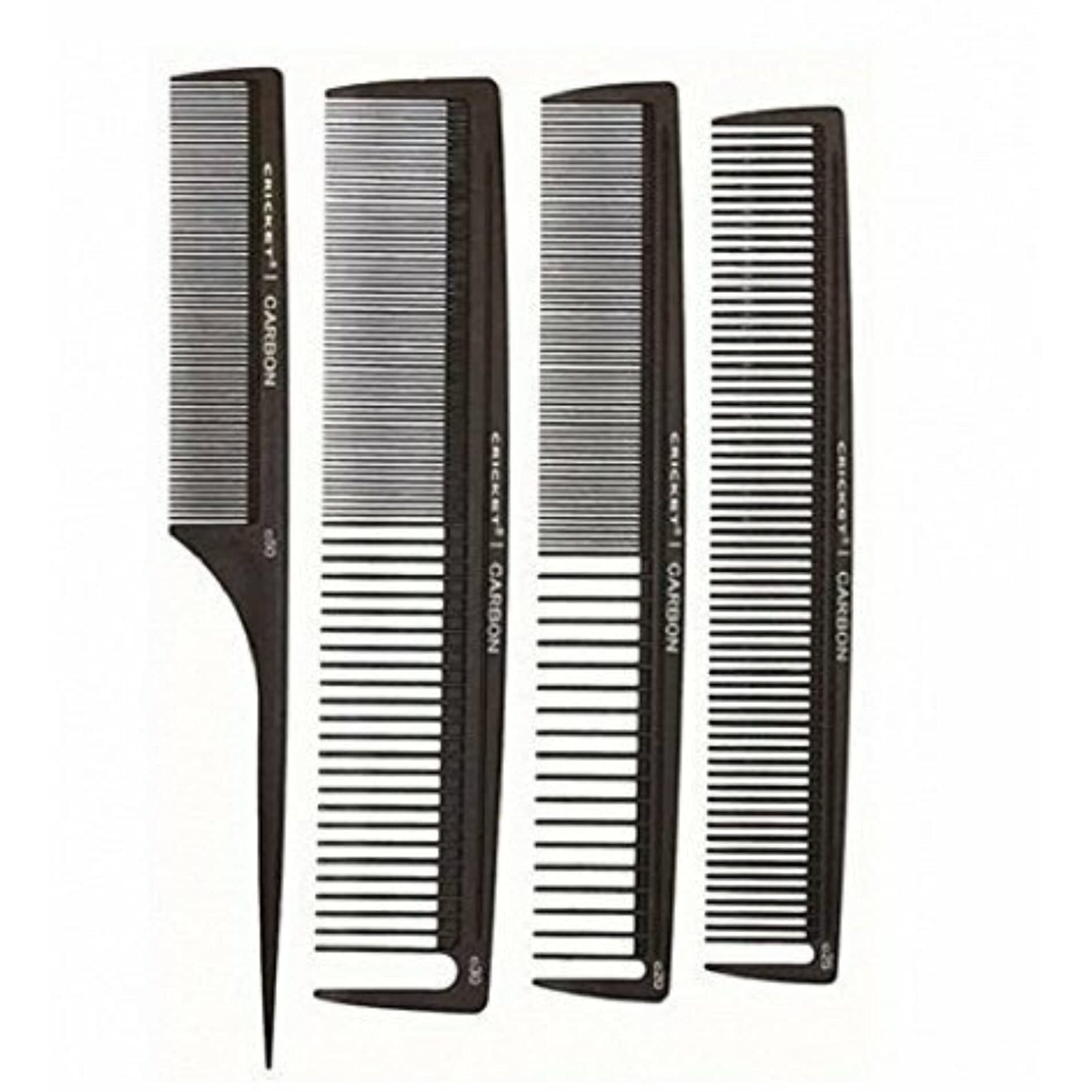 Carbon Comb Stylish 4-Pack Set by Cricket for Unisex - 4 Pc Set 1Pc All Purpose Cutting Comb - C20, 1Pc Multi Purpose Comb - C25, 1Pc Power Comb - C30, 1Pc Fine Toothed Rattail Comb - C50