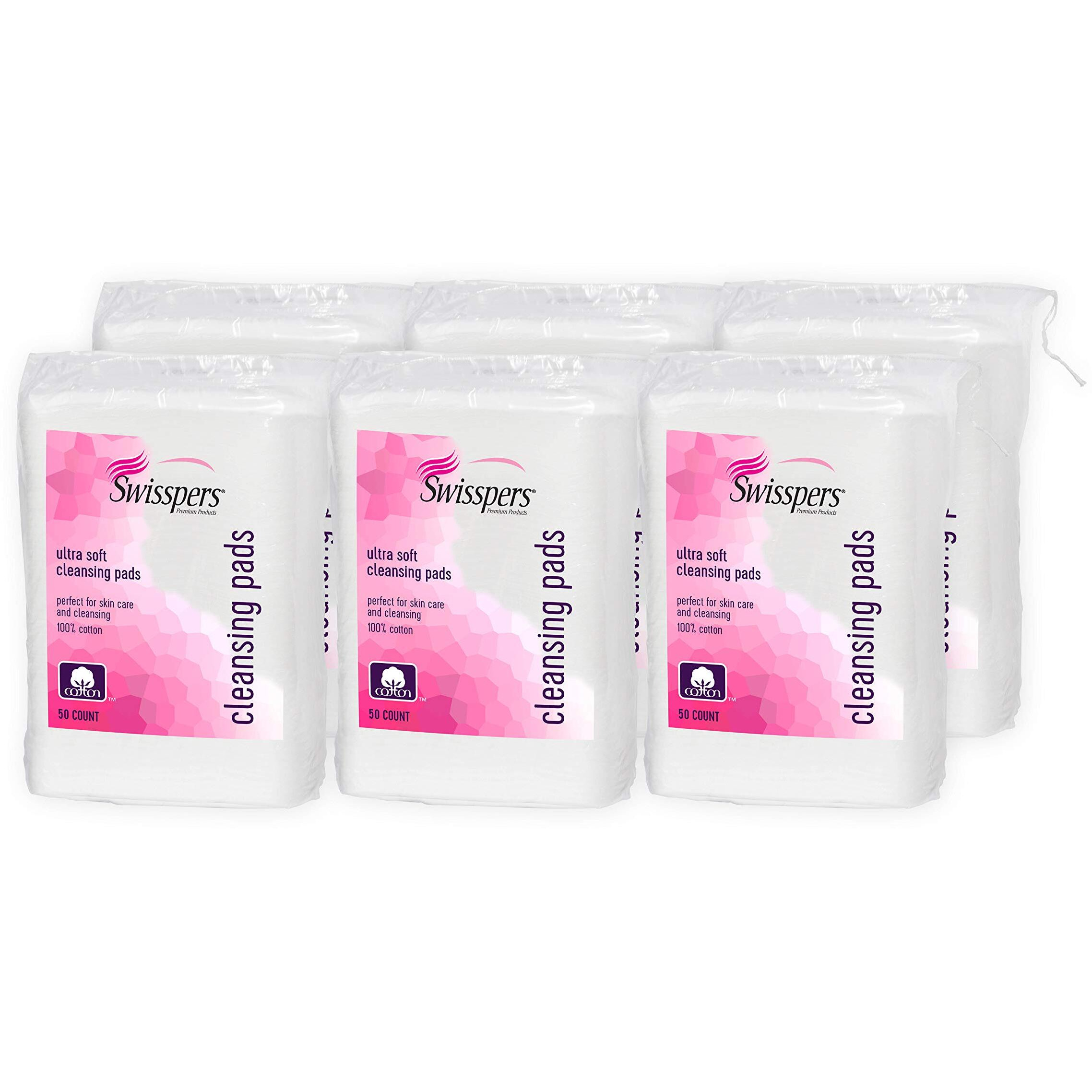 Swisspers Premium Facial Cleansing Pad, 100% Cotton, Ultra Soft, Extra Large, 50 White Pads per Reclosable Bag, 6 Bags (300 Pads Total)