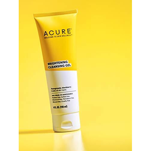 Acure Brightening Cleansing Gel - Vegan Cleanser for Radiant Skin - Pomegranate, Blackberry & Acai Infused - Antioxidant-Rich Gentle Formula for All Skin Types - 4 Fl Oz