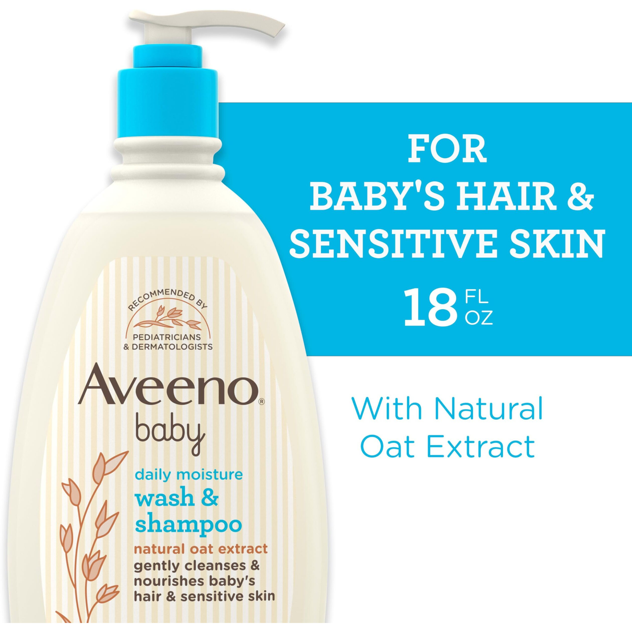 Aveeno Baby Daily Moisture Gentle Body Wash & Shampoo with Oat Extract, 2-in-1 Baby Bath Wash & Hair Shampoo, Tear- & Paraben-Free for Hair & Sensitive Skin, Lightly Scented, 18 fl. oz