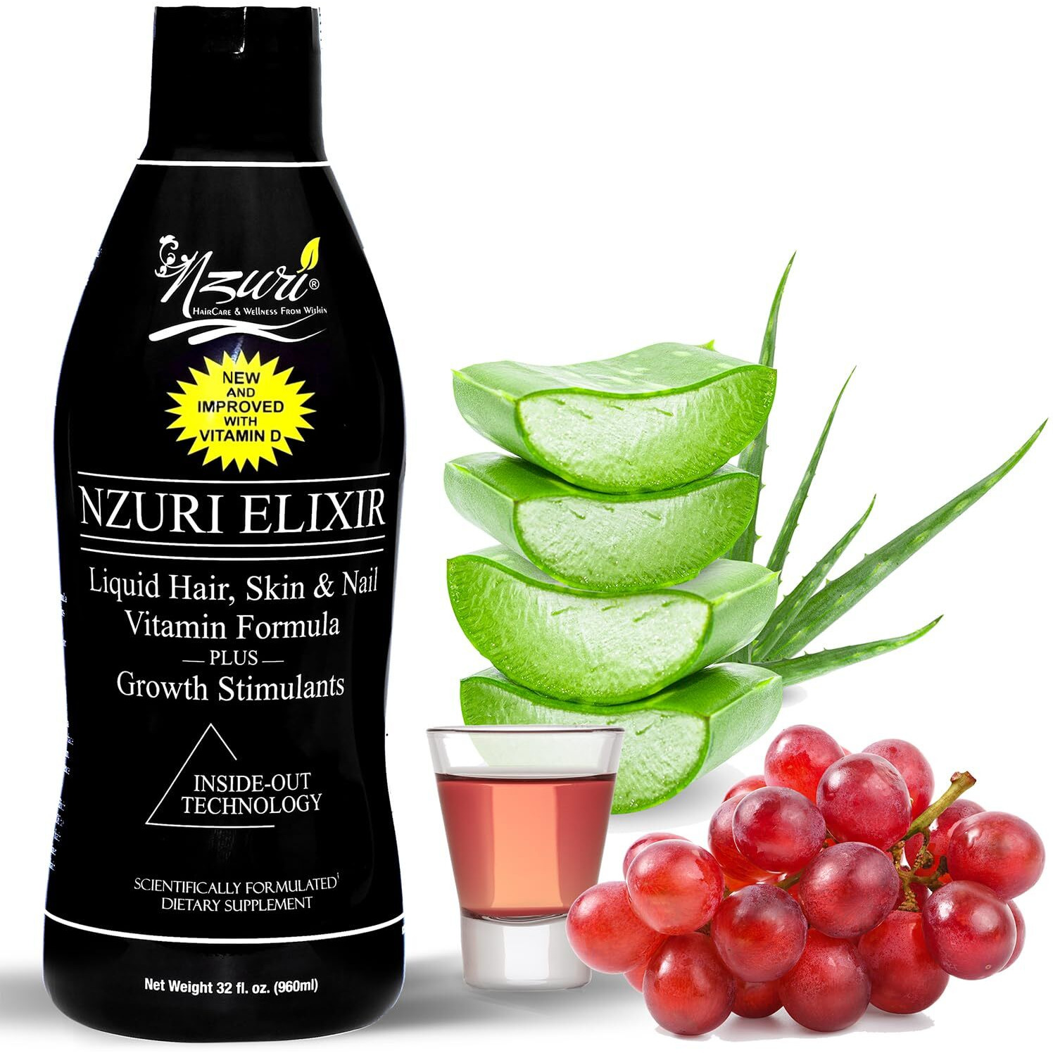 Nzuri Elixir Hair Skin and Nails Vitamins for Women and Men with Biotin, Folate, and Vitamin D for Daily Growth Supplement to Reducing Dryness, Thinning, and Loss, 32 oz.