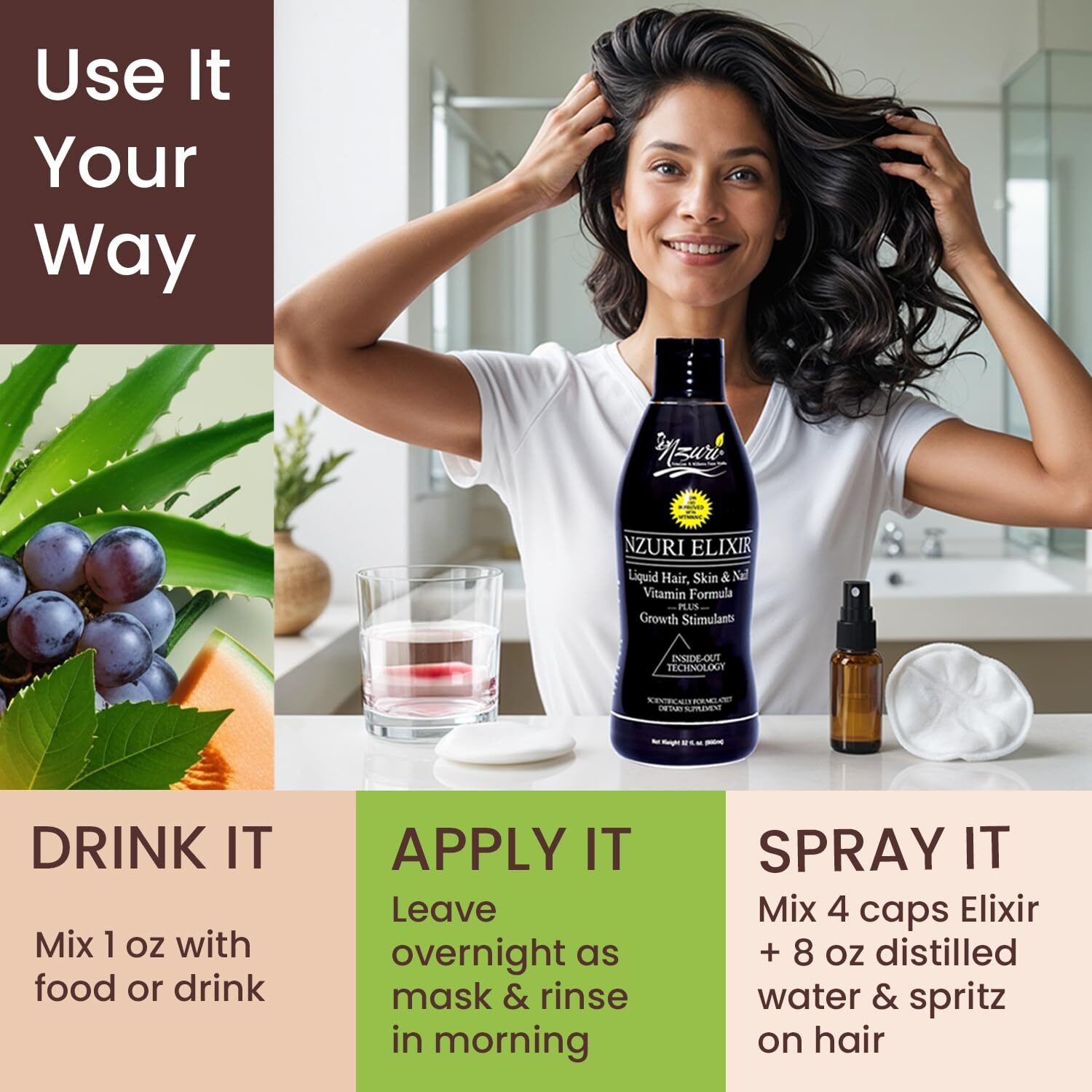 Nzuri Elixir Hair Skin and Nails Vitamins for Women and Men with Biotin, Folate, and Vitamin D for Daily Growth Supplement to Reducing Dryness, Thinning, and Loss, 32 oz.