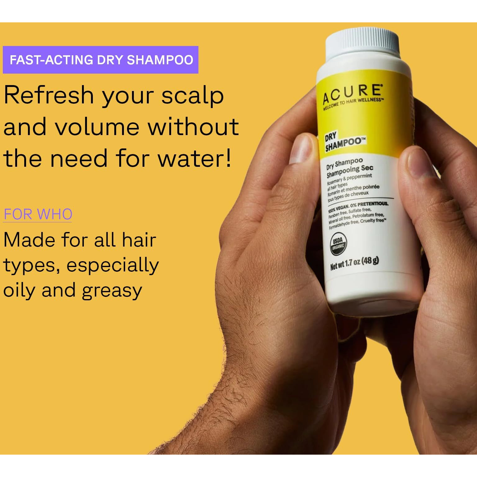 Acure Dry Shampoo - All Hair Types | 100% Vegan | Certified Organic | Rosemary & Peppermint - Absorbs Oil & Removes Impurities Without Water | 1.7 Oz