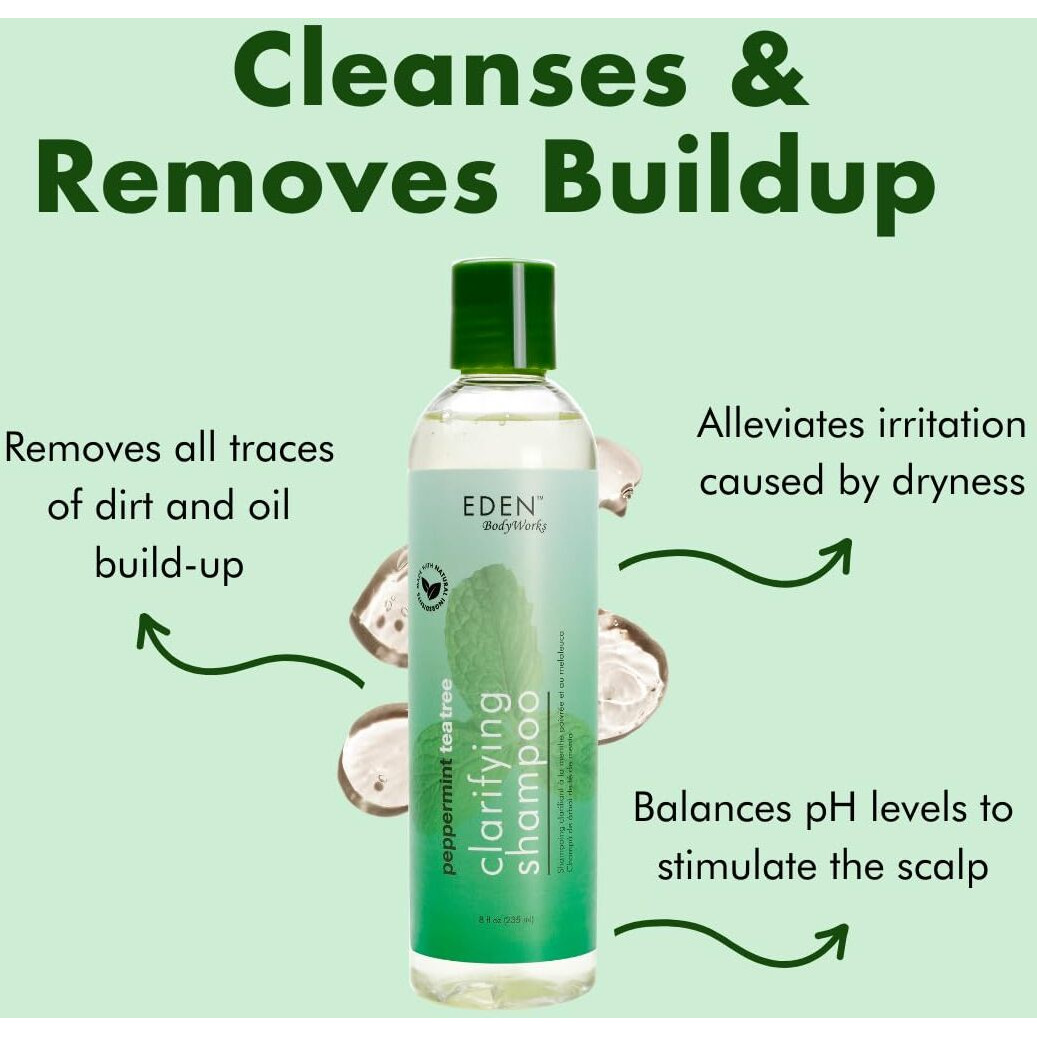 EDEN BodyWorks Peppermint Tea Tree Clear Clarifying Shampoo for Oily Hair, Dry Hair, Curly Hair - Scalp Cleansing Shampoo for Build Up & Dandruff - Paraben & Sulfate Free - 8 oz.