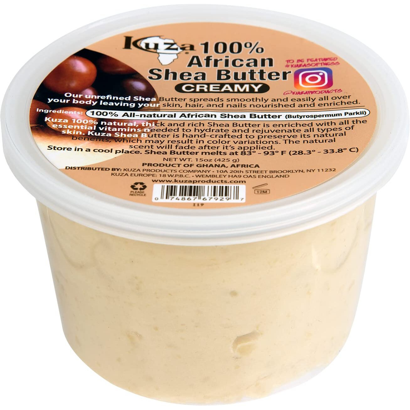 Kuza 100% Pure African Shea Butter with Borututu, White Creamy - 15oz. - Moisturizer for Hair, Skin & Nails