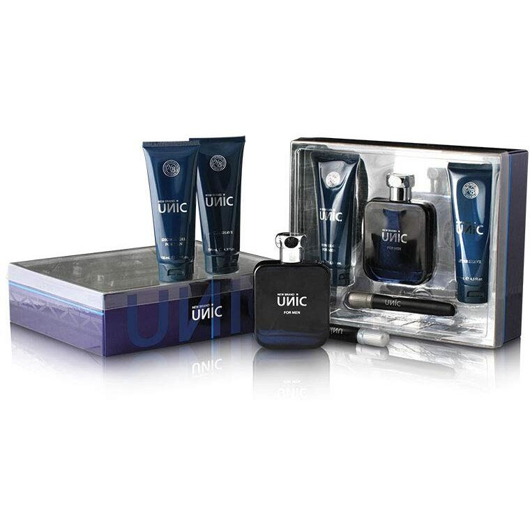 Unic by New Brand for Men - 4 Pc Gift Set 3.3oz EDT Spray, 0.5oz EDT Spray, 4.3oz Shower Gel, 4.3oz After Shave