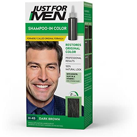 Just For Men Shampoo-In Color (Formerly Original Formula), Mens Hair Color with Keratin and Vitamin E for Stronger Hair - Dark Brown, H-45, Pack of 1