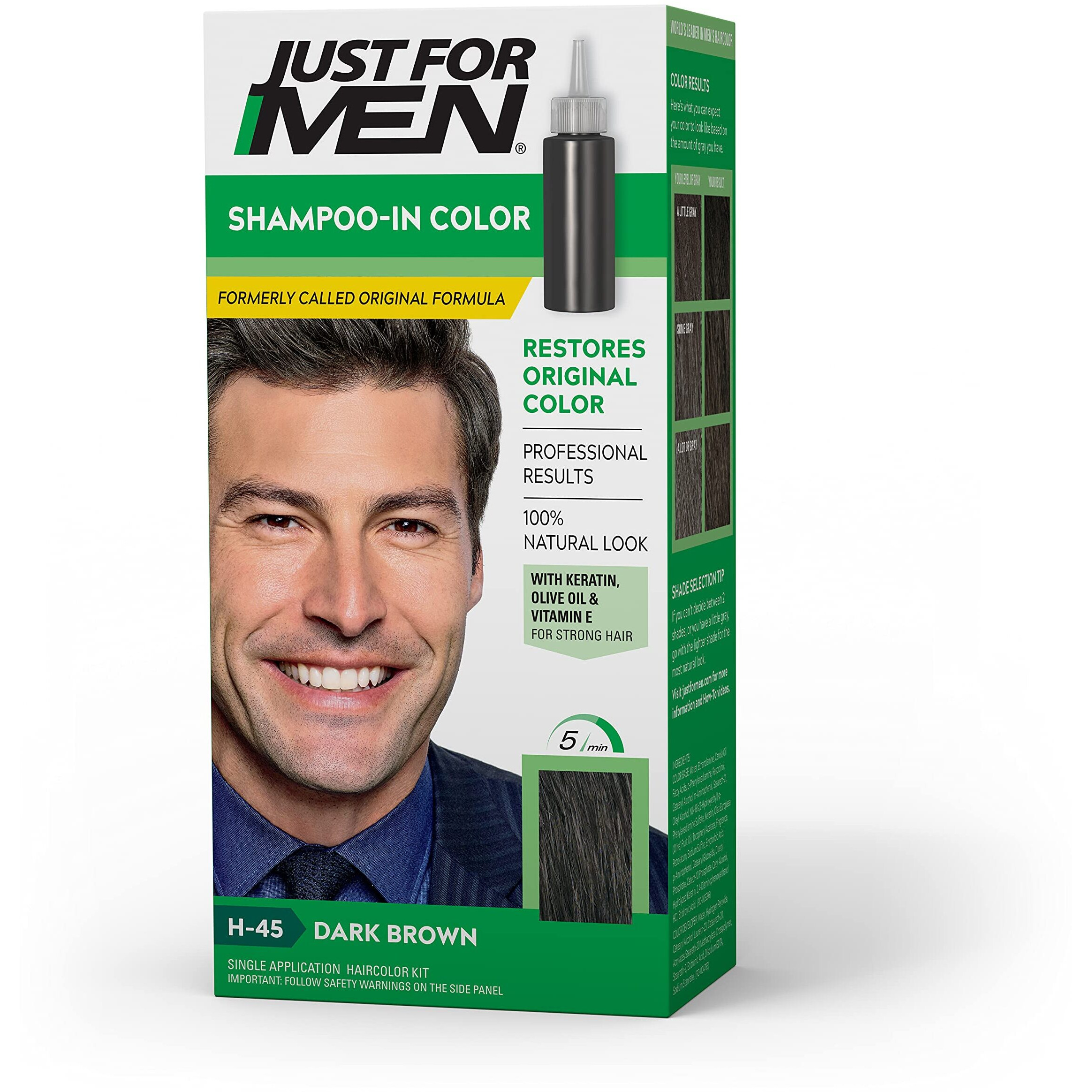 Just For Men Shampoo-In Color (Formerly Original Formula), Mens Hair Color with Keratin and Vitamin E for Stronger Hair - Dark Brown, H-45, Pack of 1