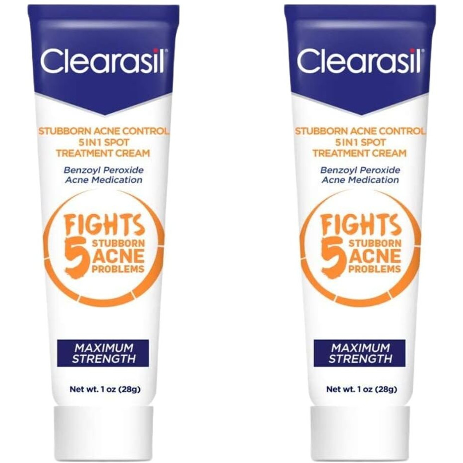 Clearasil Stubborn Acne Control 5 in 1 Spot Treatment Cream, 1 oz (Pack of 2)