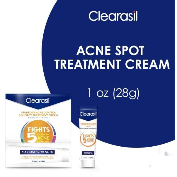 Clearasil Stubborn Acne Control 5 in 1 Spot Treatment Cream, 1 oz (Pack of 2)