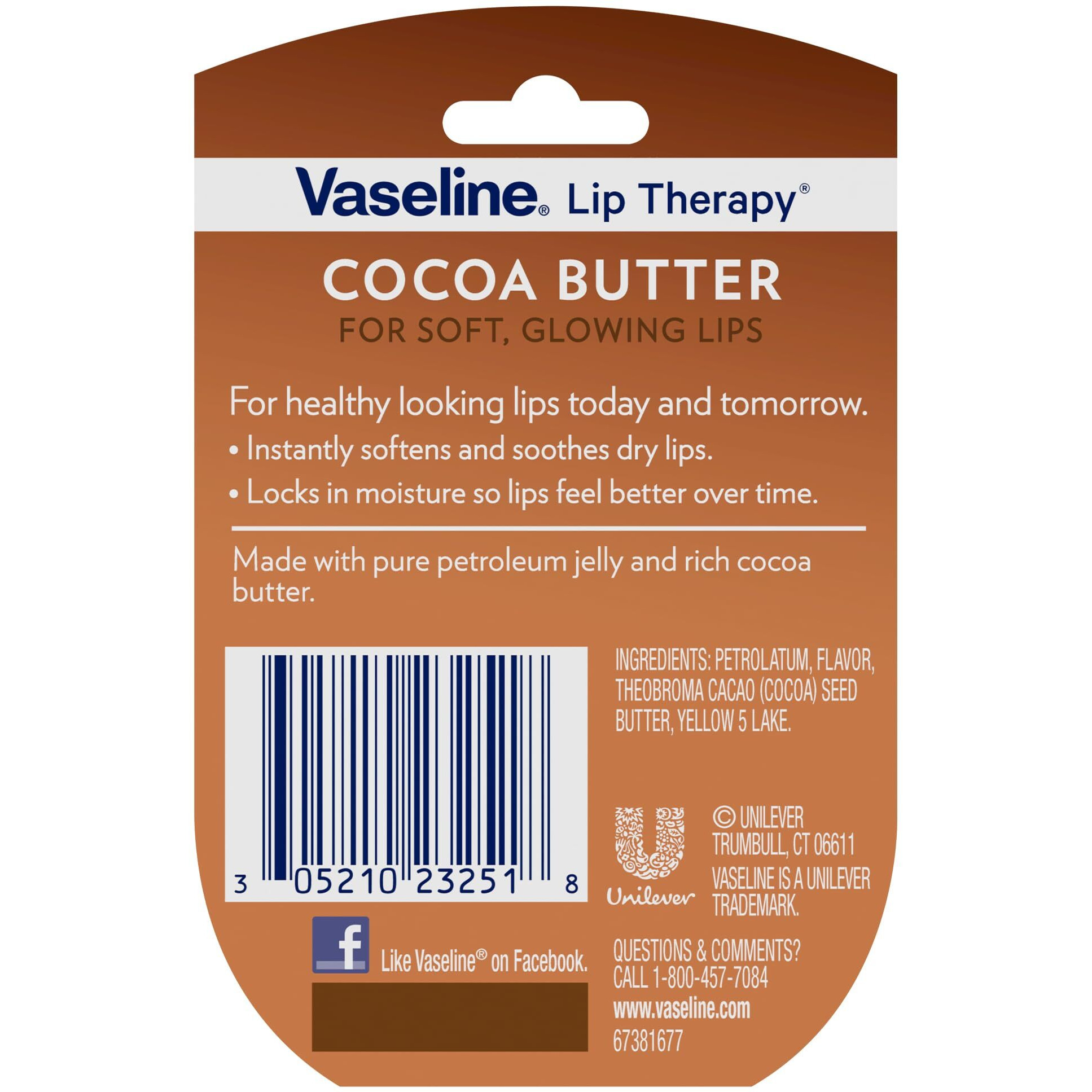 Vaseline Lip Therapy Cocoa Butter.25 oz (Pack of 4)