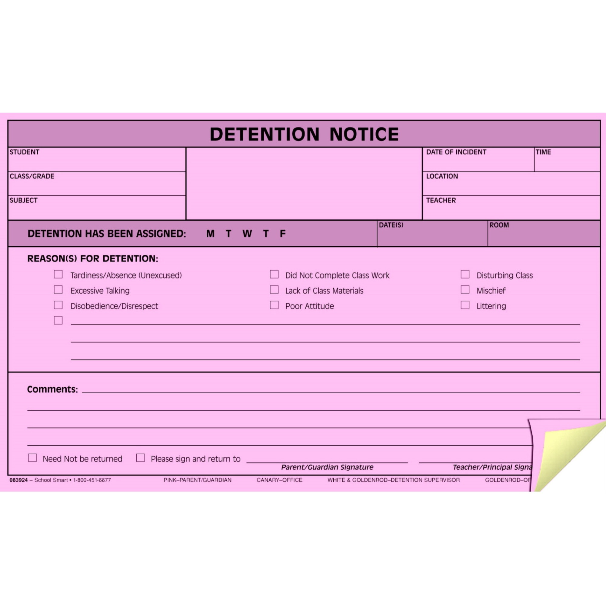 Hammond & Stephens 4-Part Carbonless Detention Notice Form, 5 x 8 Inches, White, Canary, Pink, Pack of 100