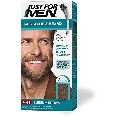 Just For Men Mustache & Beard, Beard Dye for Men with Brush Included for Easy Application, With Biotin Aloe and Coconut Oil for Healthy Facial Hair - Medium Brown, M-35, Pack of 1