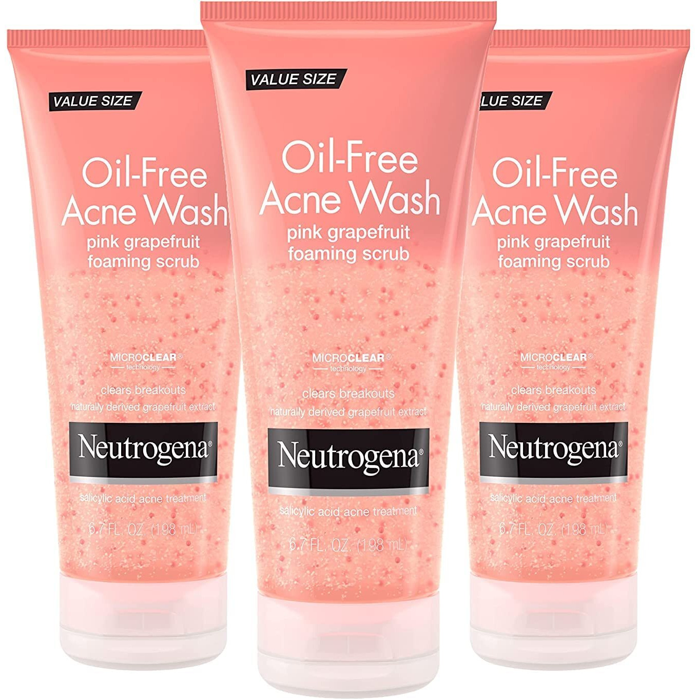 Neutrogena Oil Free Pink Grapefruit Acne Treatment Face Wash with Vitamin C, 2% Salicylic Acid, Gentle Foaming Facial Scrub to Treat & Prevent Breakouts, 6.7 Fl Oz, Pack of 3