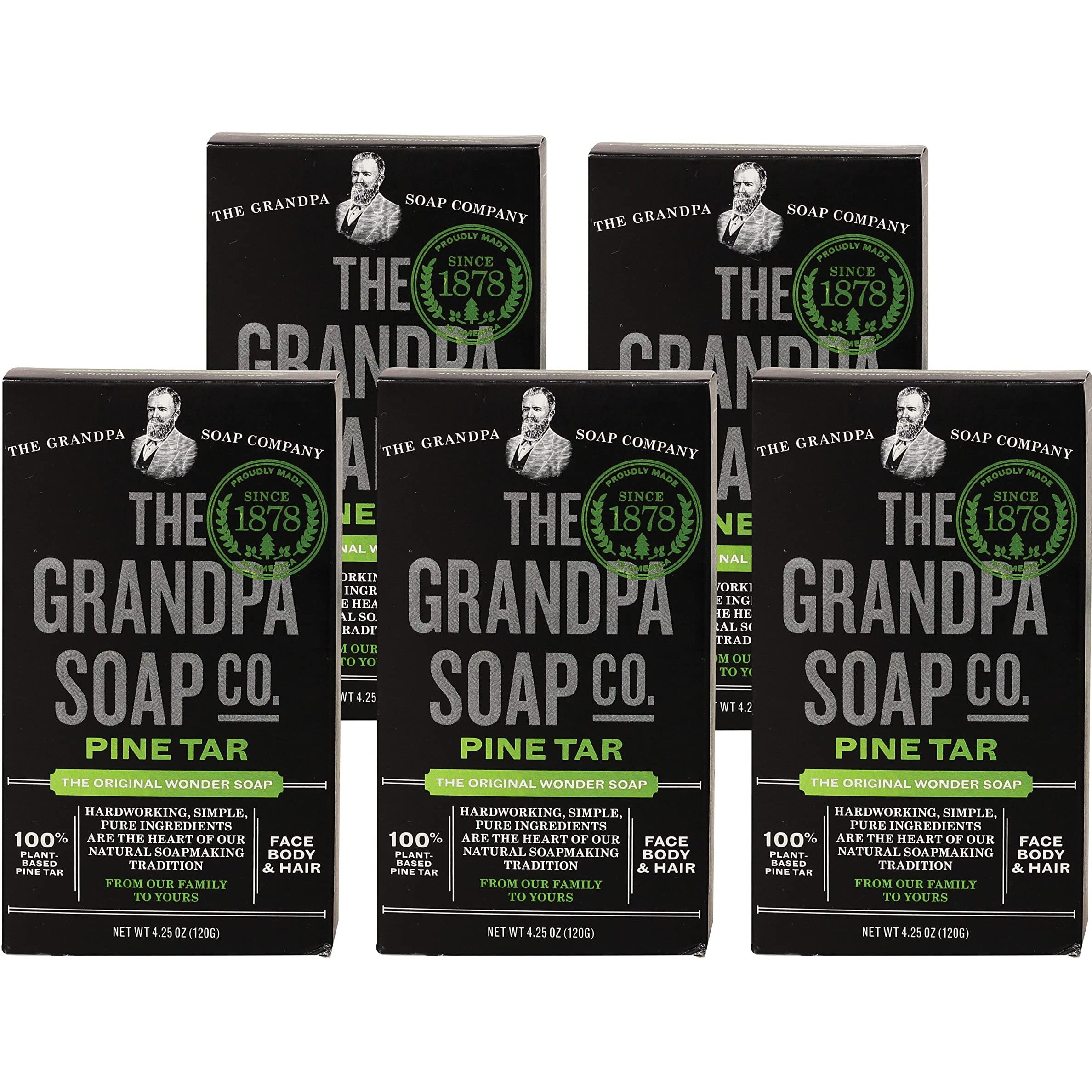 Grandpa's Pine Tar Bar Soap by The Soap Company | The Original Wonder Soap | 3-in-1 Cleanser, Deodorizer & Moisturizer | 4.25 Oz. Each, 5 Pack