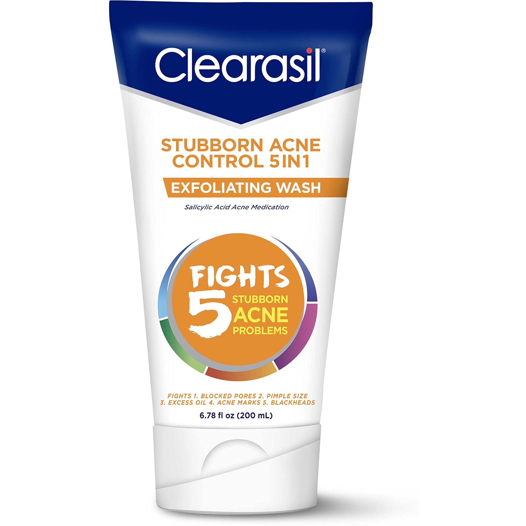 Clearasil Stubborn Acne Control 5in1 Exfoliating Wash, Maximum Strenght with 2% Salicylic Acid Acne Treatment Medicine, Daily Acne Facial Cleanser 6.78 fl oz