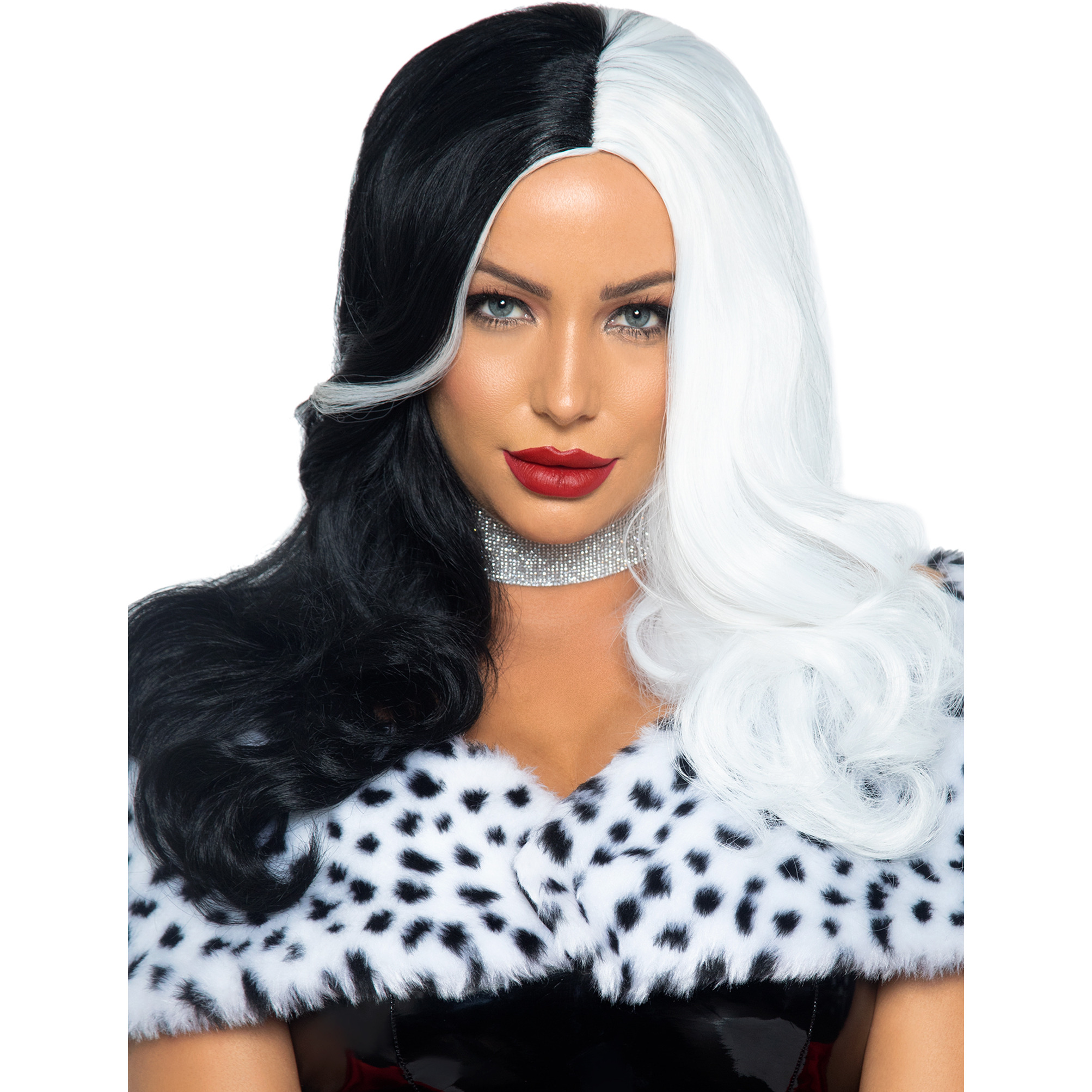 Two tone long wavy villain wig O/S BLACK/WHITE