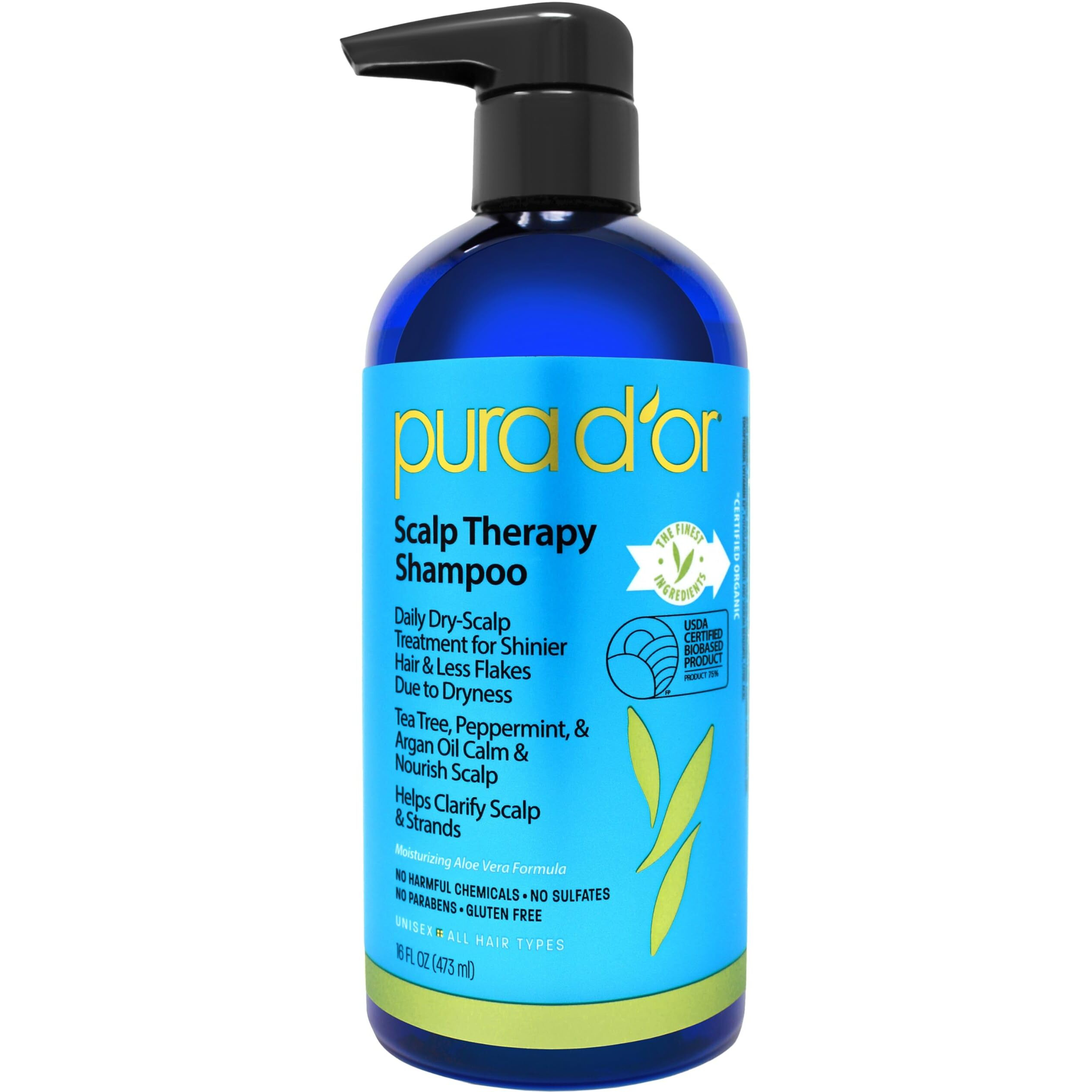 PURA D'OR Therapy Shampoo (16oz) Hydrates & Nourishes - Scalp Care Shampoo For Itchy Flaky Scalp w/ Tea Tree, Peppermint, Patchouli, Cedarwood, Clary Sage, Argan Oil (Packaging may vary)