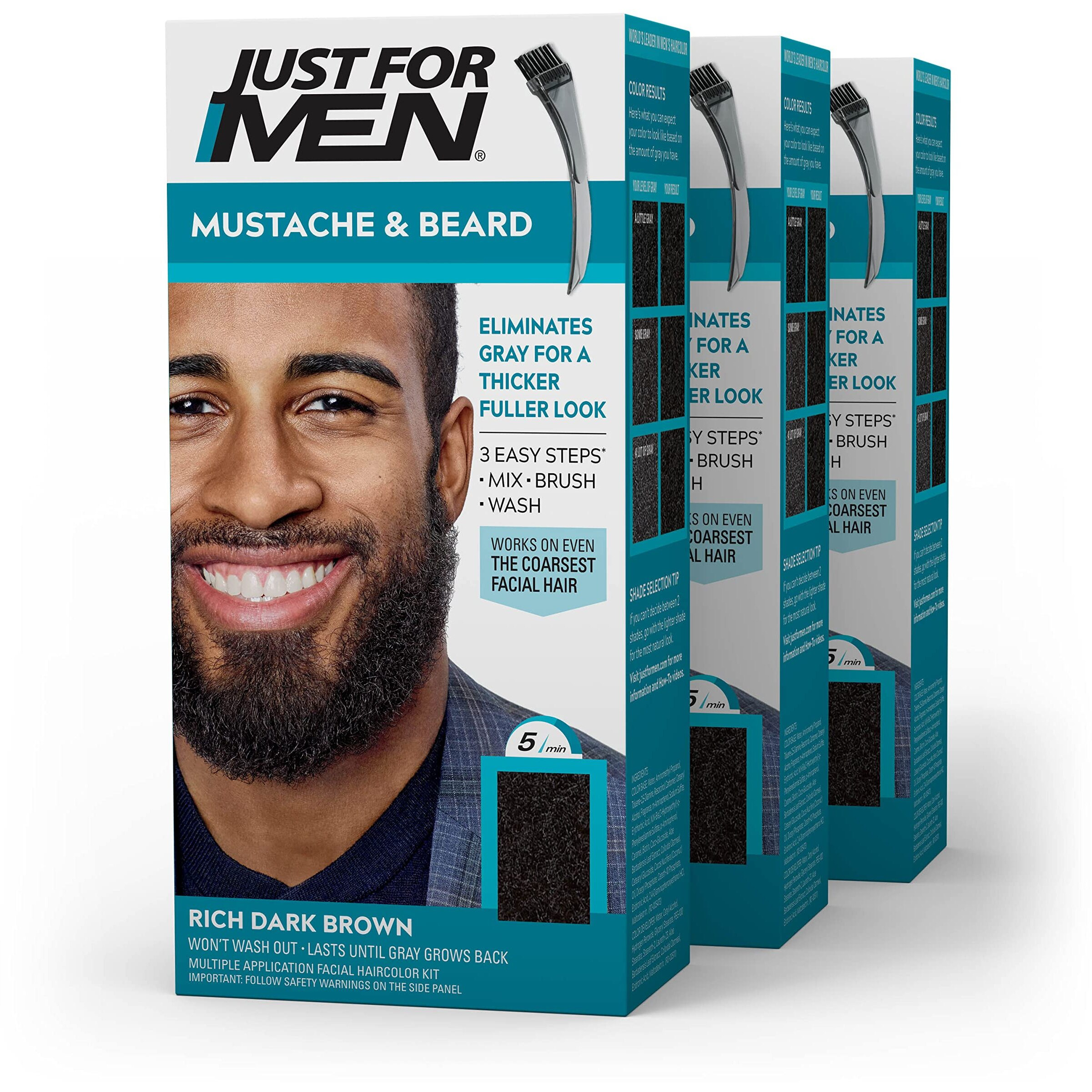 Just For Men Mustache & Beard, Beard Dye for Men with Brush Included for Easy Application, With Biotin Aloe and Coconut Oil for Healthy Facial Hair - Rich Dark Brown, M-47, Pack of 1