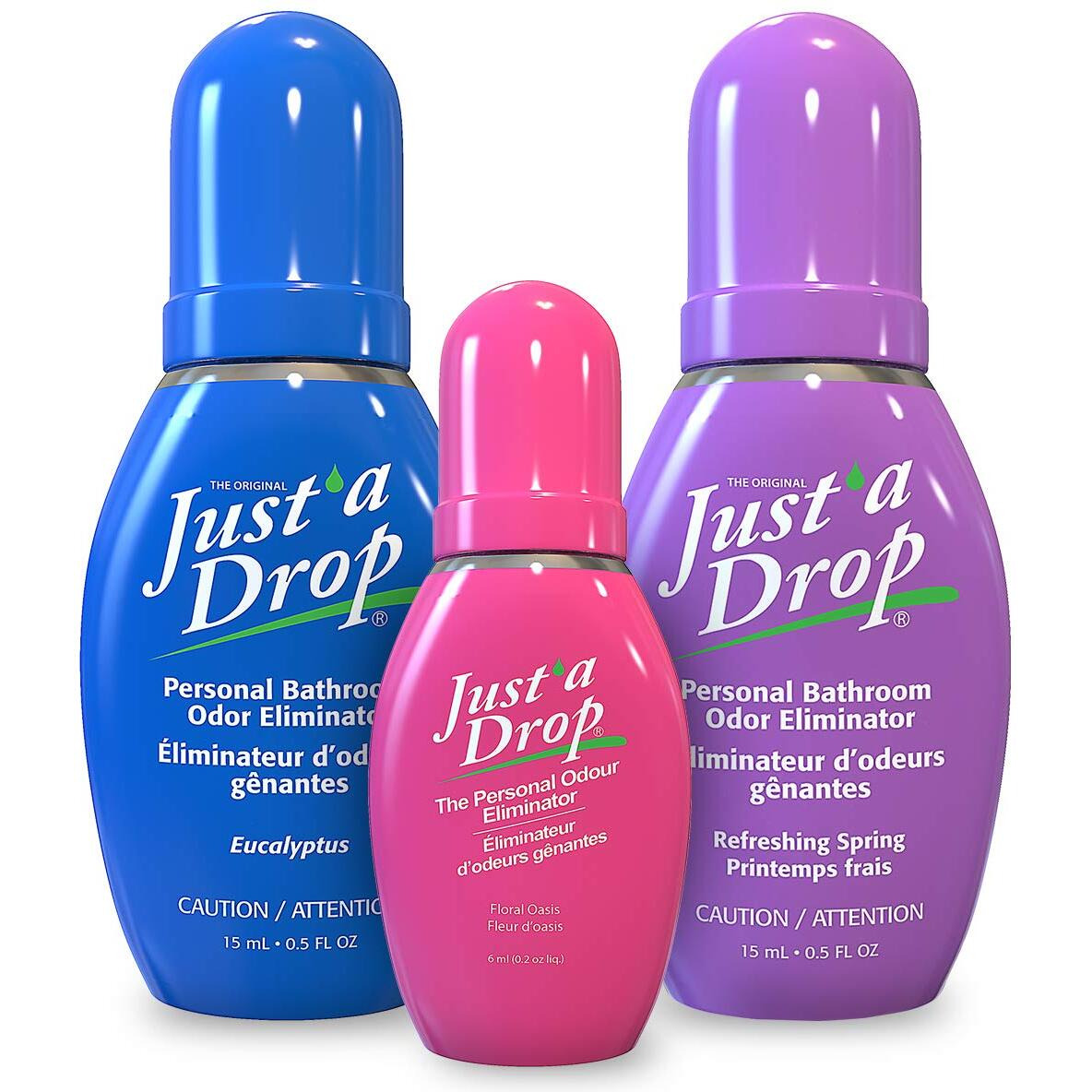 Just a Drop Odor Eliminator by Prelam for Unisex - 3 Pc 15ml Drops - Eucalyptus, 15ml Drops - Refreshing Spring, 6ml Drops - Floral Oasis