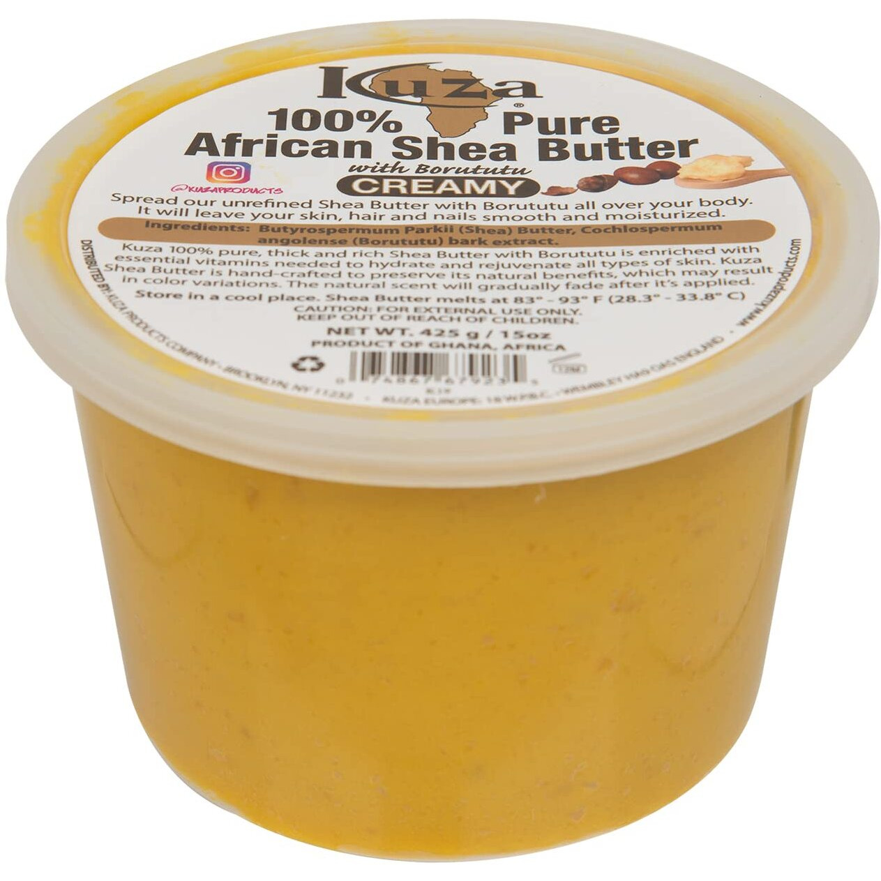 Kuza 100% Pure African Shea Butter with Borututu, Yellow Creamy - 15oz. - Moisturizer for Hair, Skin & Nails