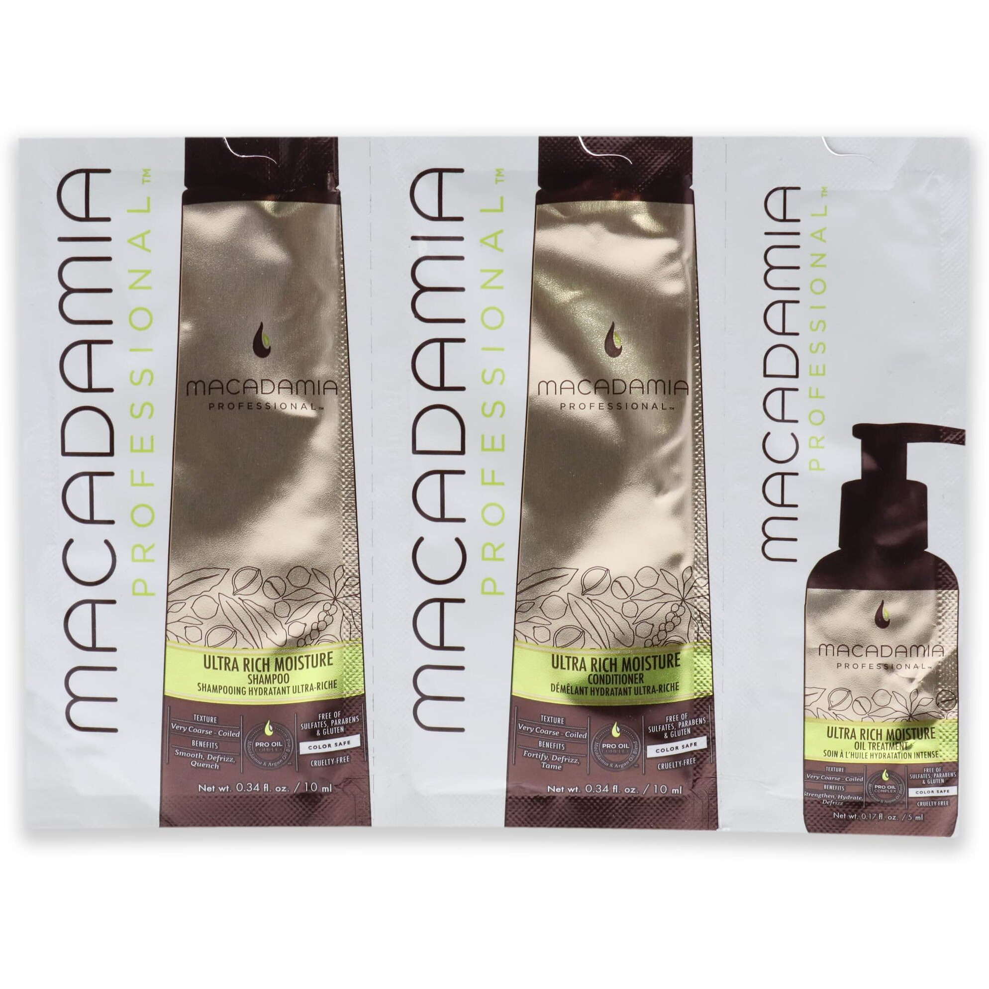 Professional Ultra Rich Moisture Set by Macadamia Oil for Unisex - 3 Pc Kit 0.34oz Shampoo, 0.34oz Conditioner, 0.17oz Oil Treatment
