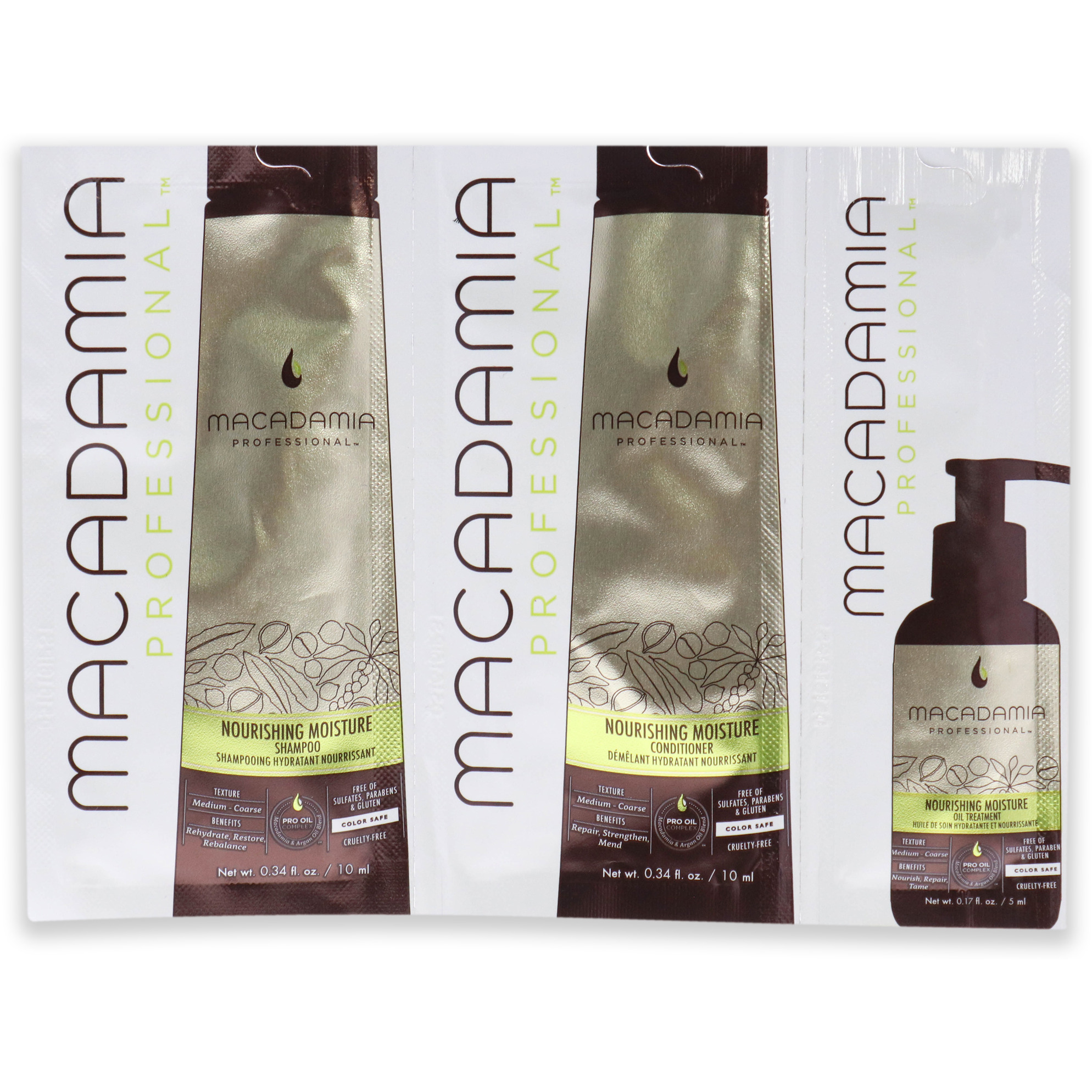 Professional Nourishing Moisture Set by Macadamia Oil for Unisex - 3 Pc Kit 0.34oz Shampoo, 0.34oz Conditioner, 0.17oz Oil Treatment