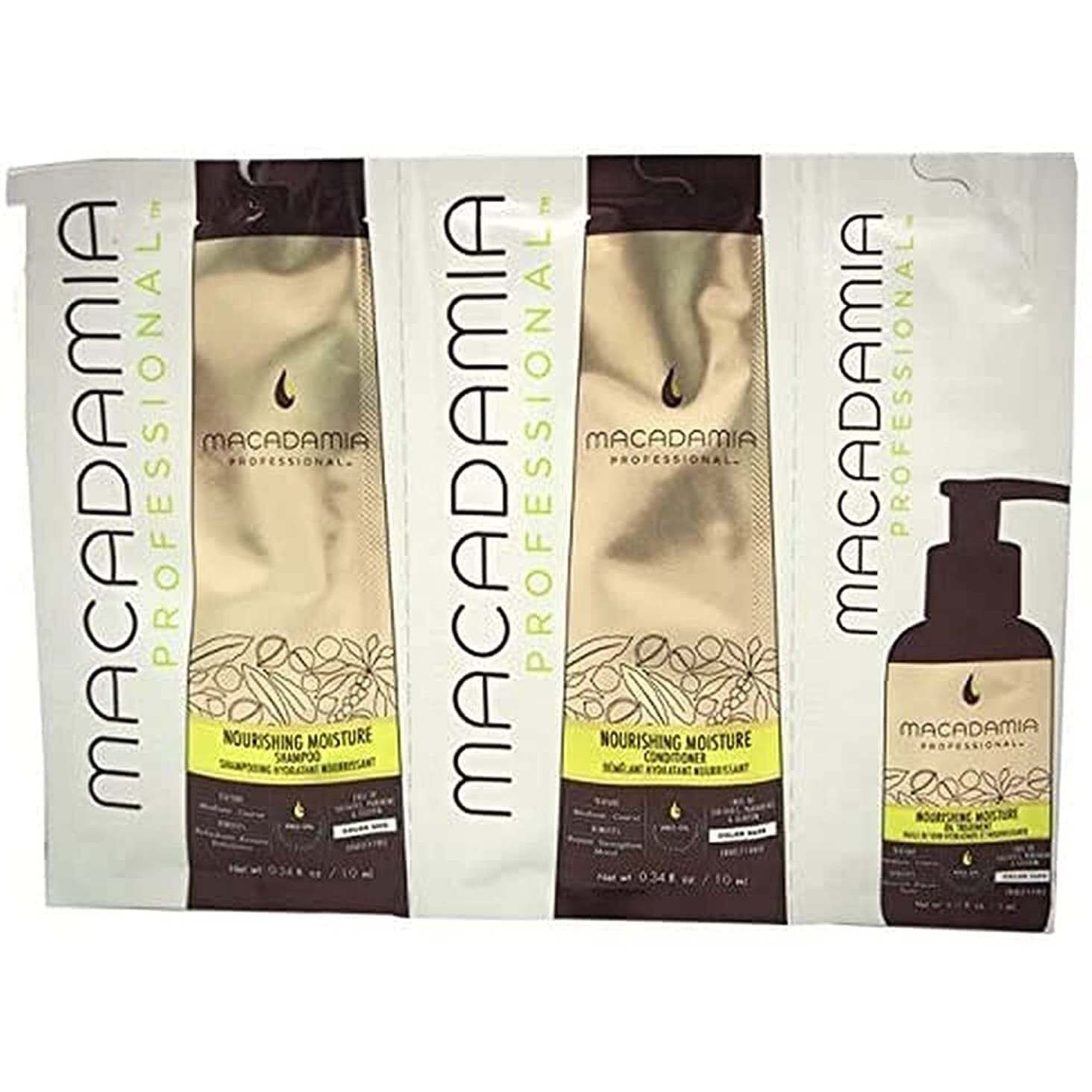 Professional Nourishing Moisture Set by Macadamia Oil for Unisex - 3 Pc Kit 0.34oz Shampoo, 0.34oz Conditioner, 0.17oz Oil Treatment