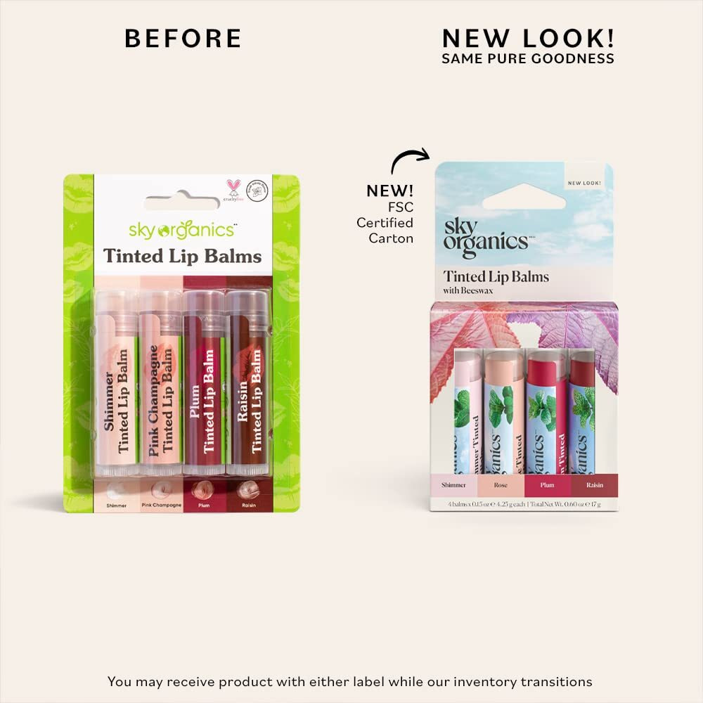 Sky Organics Tinted Lip Balms for Lips to Moisturize, Soften & Add A Wash of Color, Four Assorted Shades, 4pk.