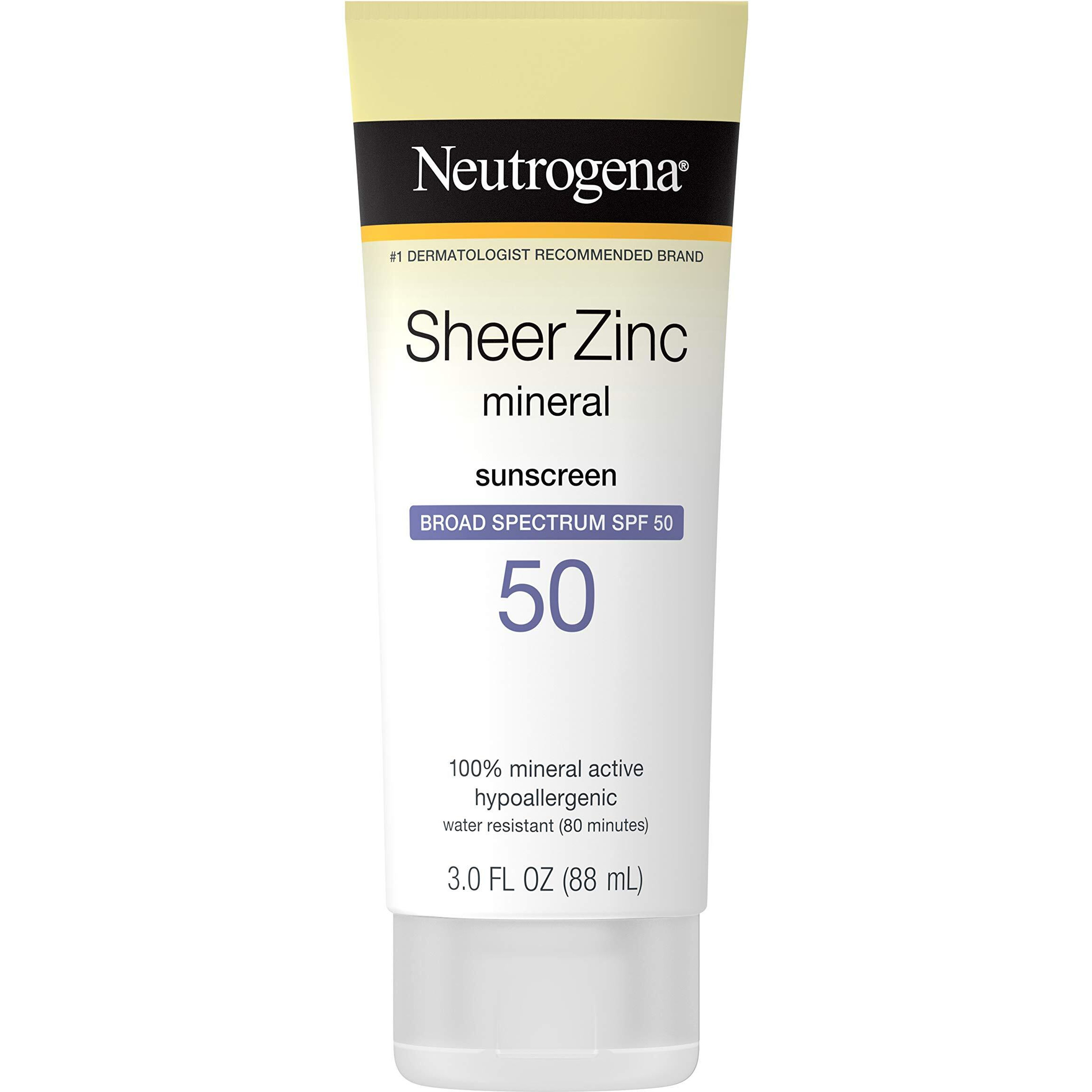Neutrogena Sheer Zinc Oxide Dry-Touch Sunscreen Lotion with Broad Spectrum SPF 50, Water-Resistant, Hypoallergenic & Non-Greasy Mineral Sunscreen, 3 fl. oz