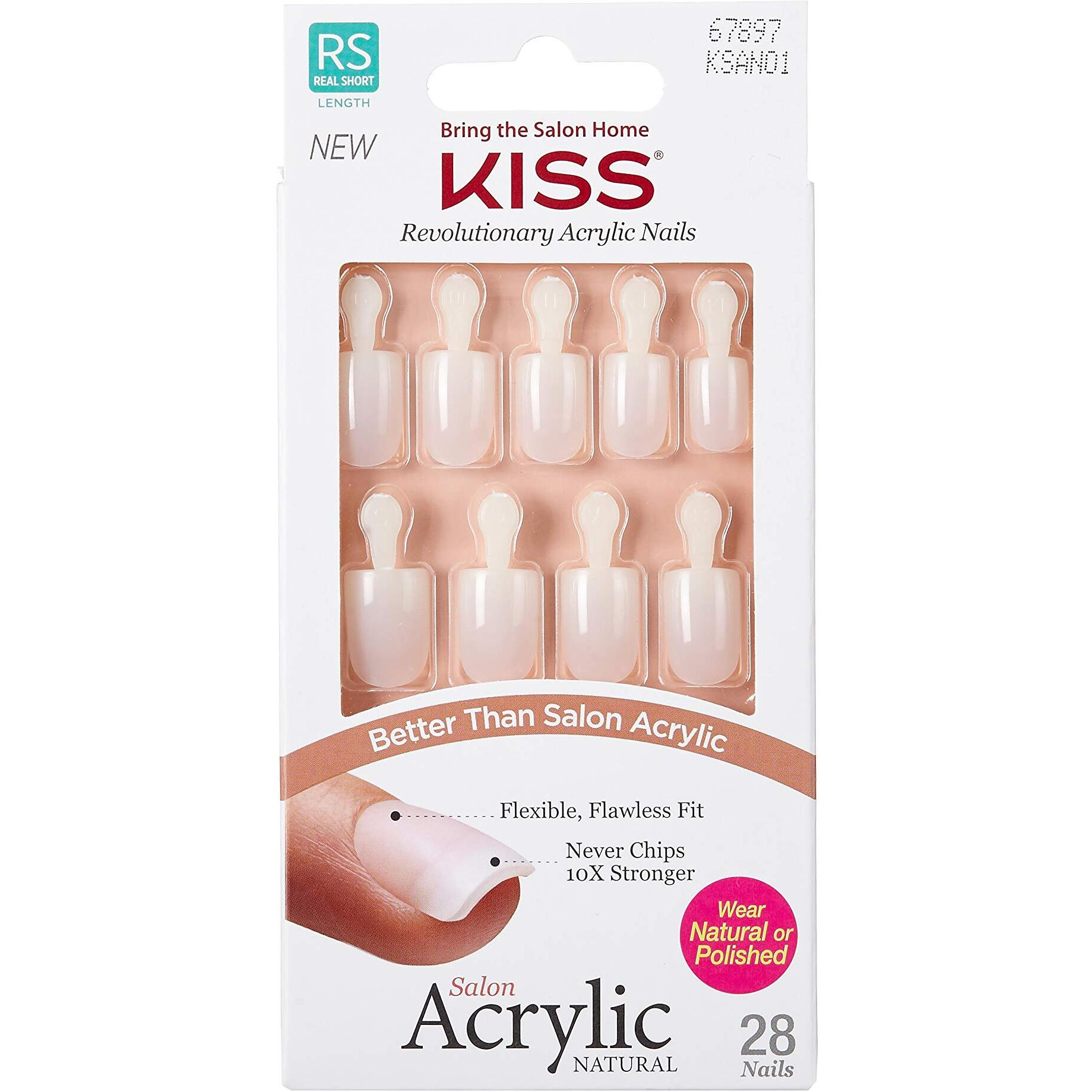 KISS Salon Acrylic Natural 28 Nails Real Short Length KSAN01 (2 PACK)