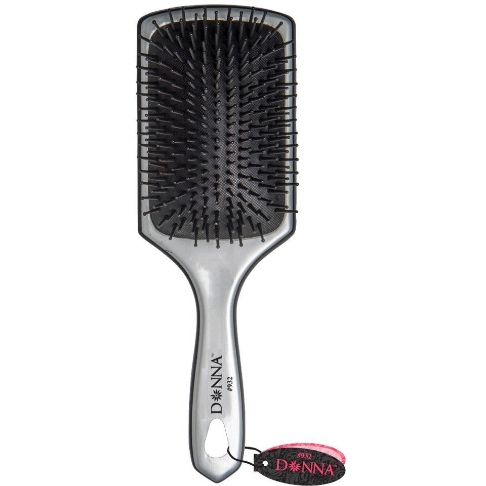 Donna Collection Large Metallic Silver Paddle Hair Brush, Black