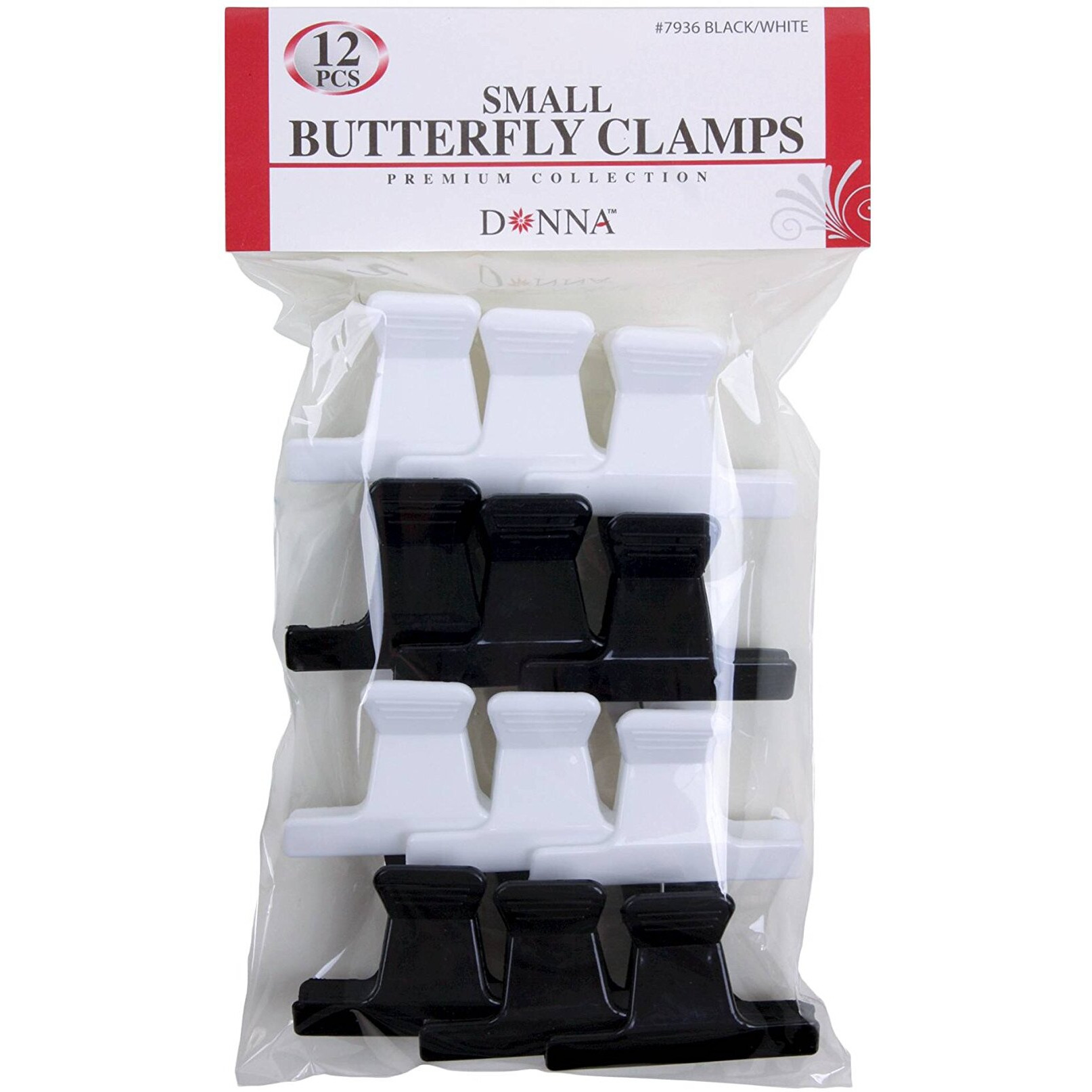 Donna Collection Butterfly Clamps, Small, Black & White, 12 Count