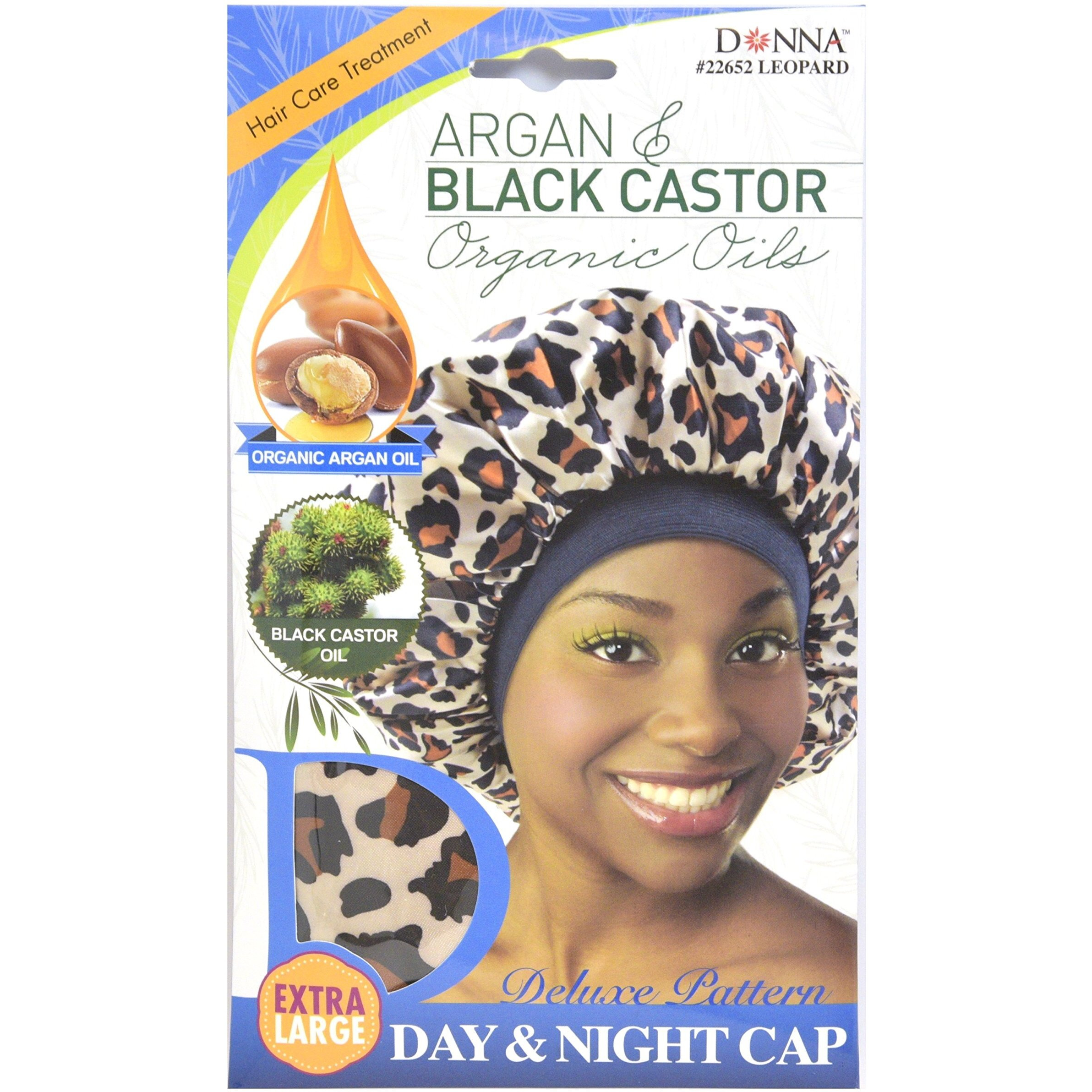 Donna Premium Deluxe Pattern Day and Night Cap Argan & Black Castor Oil Hair Care Treatment Leopard Pattern 22652