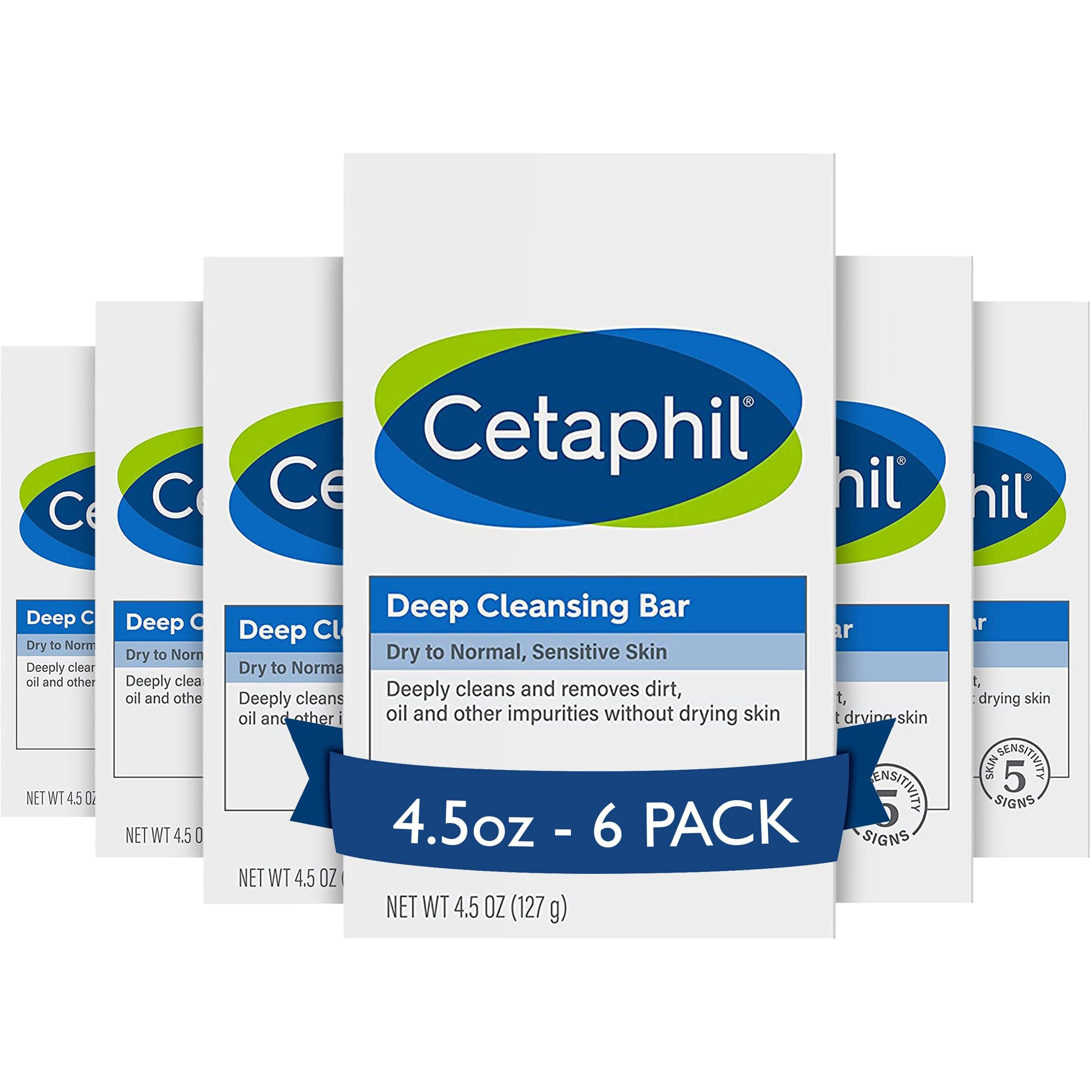 Cetaphil Bar Soap, Deep Cleansing Face and Body Bar, Pack of 6, For Dry to Normal, Sensitive Skin, Soap Free, Hypoallergenic, Paraben Free, Removes Makeup, Dirt and Oil