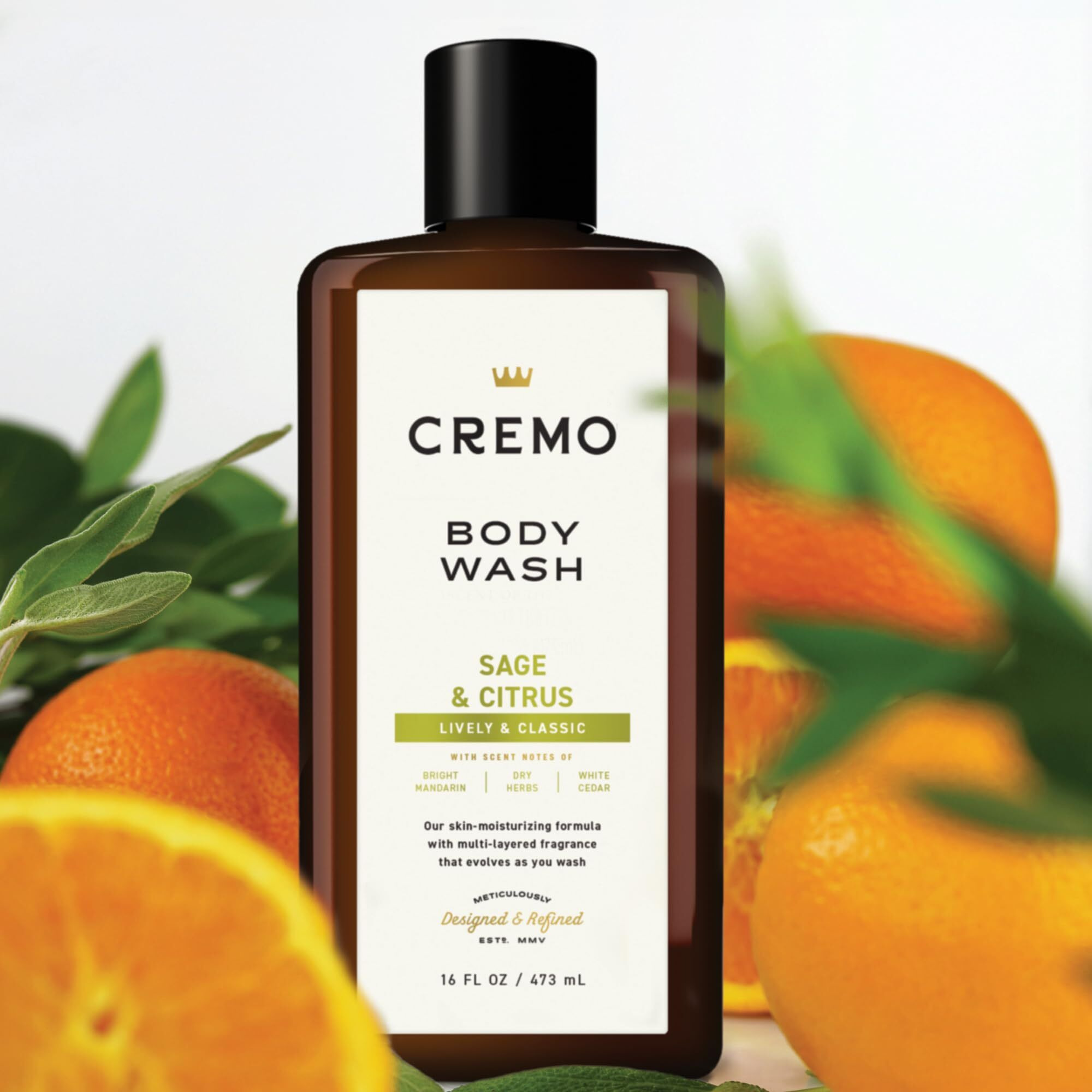 Cremo Rich-Lathering Sage & Citrus Body Wash for Men, A Revitalizing Combination of Bright Mandarin, Dry Herbs and White Cedar, 16 Fl Oz