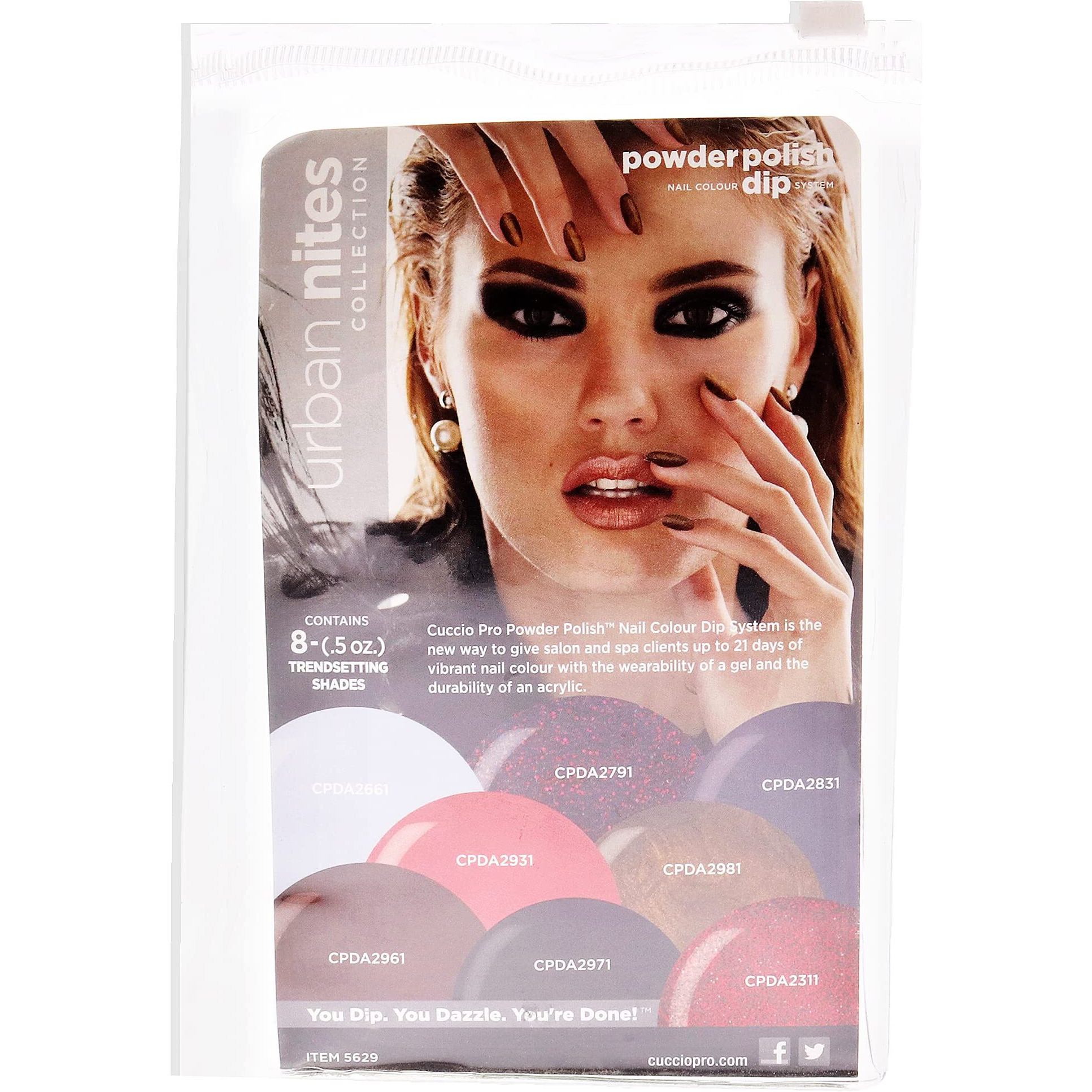 Pro Powder Polish Nail Colour Dip System - Urban Nites by Cuccio Colour for Women - 8 x 0.5 oz Peppermint Pastel Blue, Black Orange, Silver with Baby Pink Glitter, Purple with Red Glitter, Midnight Purple, Brown Sugar, Muted Grape, Dark Red Glitter