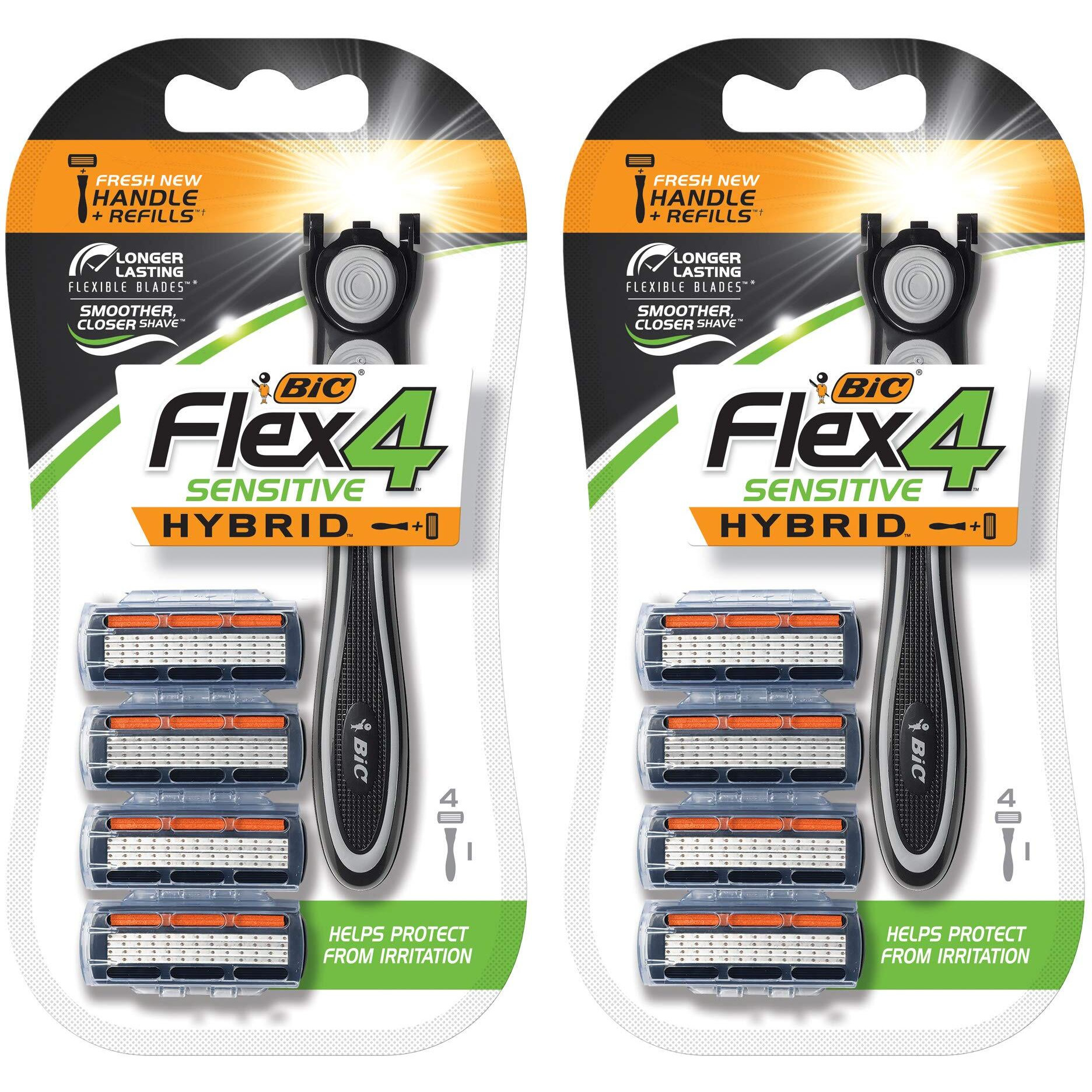 BIC Flex 4 Sensitive Hybrid Titanium Men's Disposable Razors, For a Smooth, Ultra-Close and Comfortable Shave, 8 Cartridges and 2 Handles, 10 Piece Razor Set