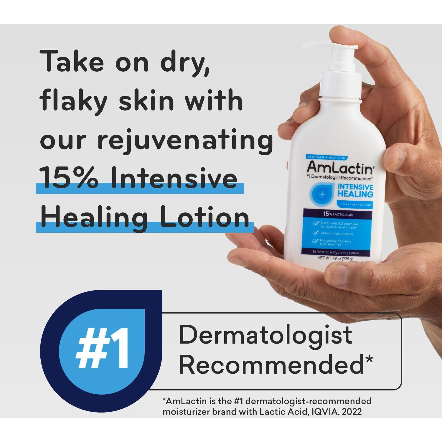 AmLactin Intensive Healing Body Lotion for Dry Skin - 7.9 oz Pump Bottle - 2-in-1 Exfoliator and Moisturizer with Ceramides and 15% Lactic Acid for 24-Hour Relief from Dry Skin