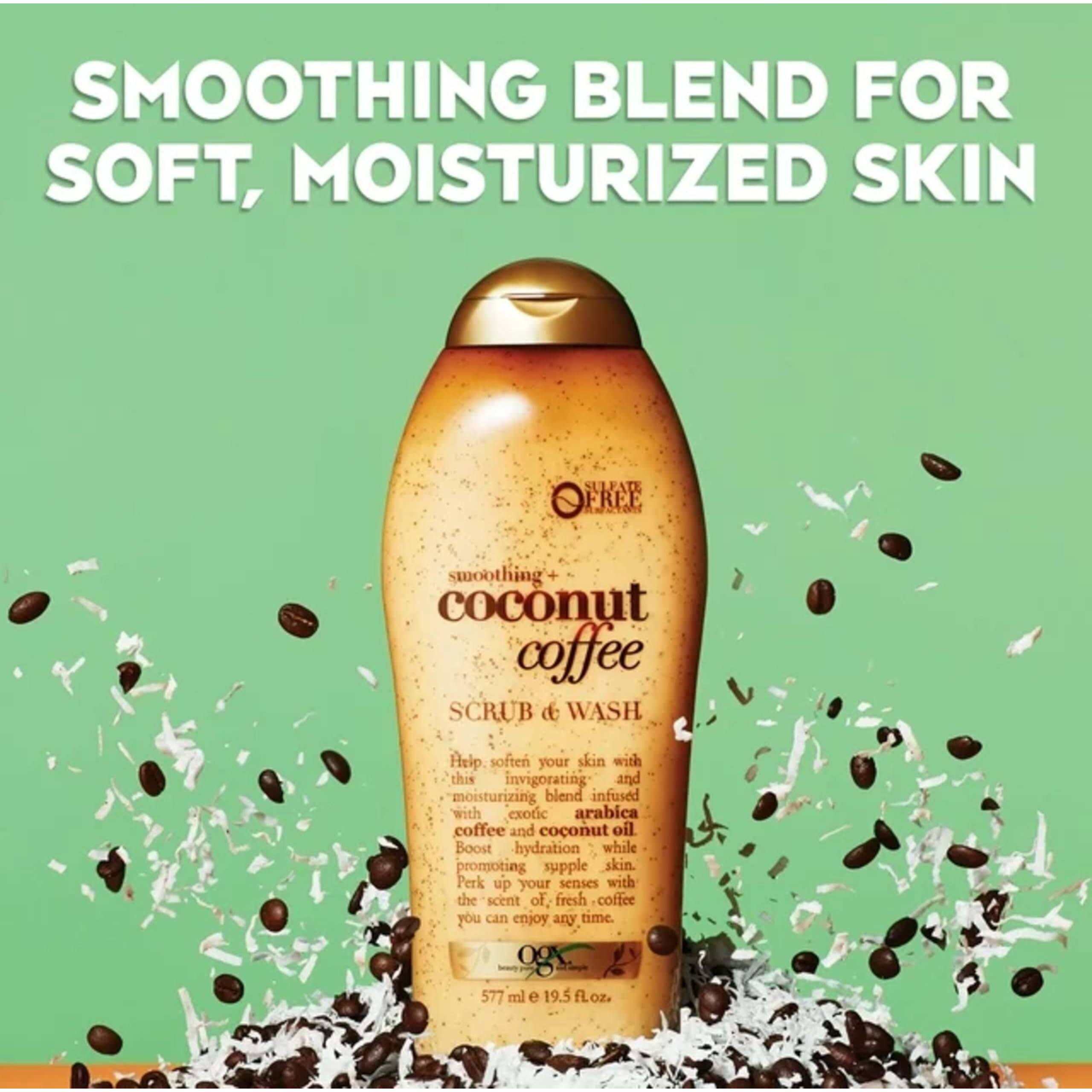 OGX Smoothing + Coconut Coffee Exfoliating Body Scrub with Arabica Coffee & Coconut Oil, Moisturizing Body Wash for Dry Skin, Paraben-Free with Sulfate-Free Surfactants, 19.5 Fl Oz