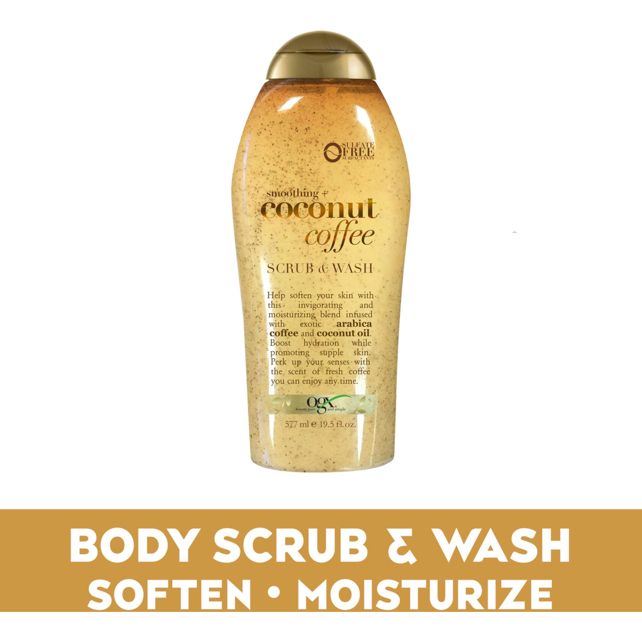 OGX Smoothing + Coconut Coffee Exfoliating Body Scrub with Arabica Coffee & Coconut Oil, Moisturizing Body Wash for Dry Skin, Paraben-Free with Sulfate-Free Surfactants, 19.5 Fl Oz