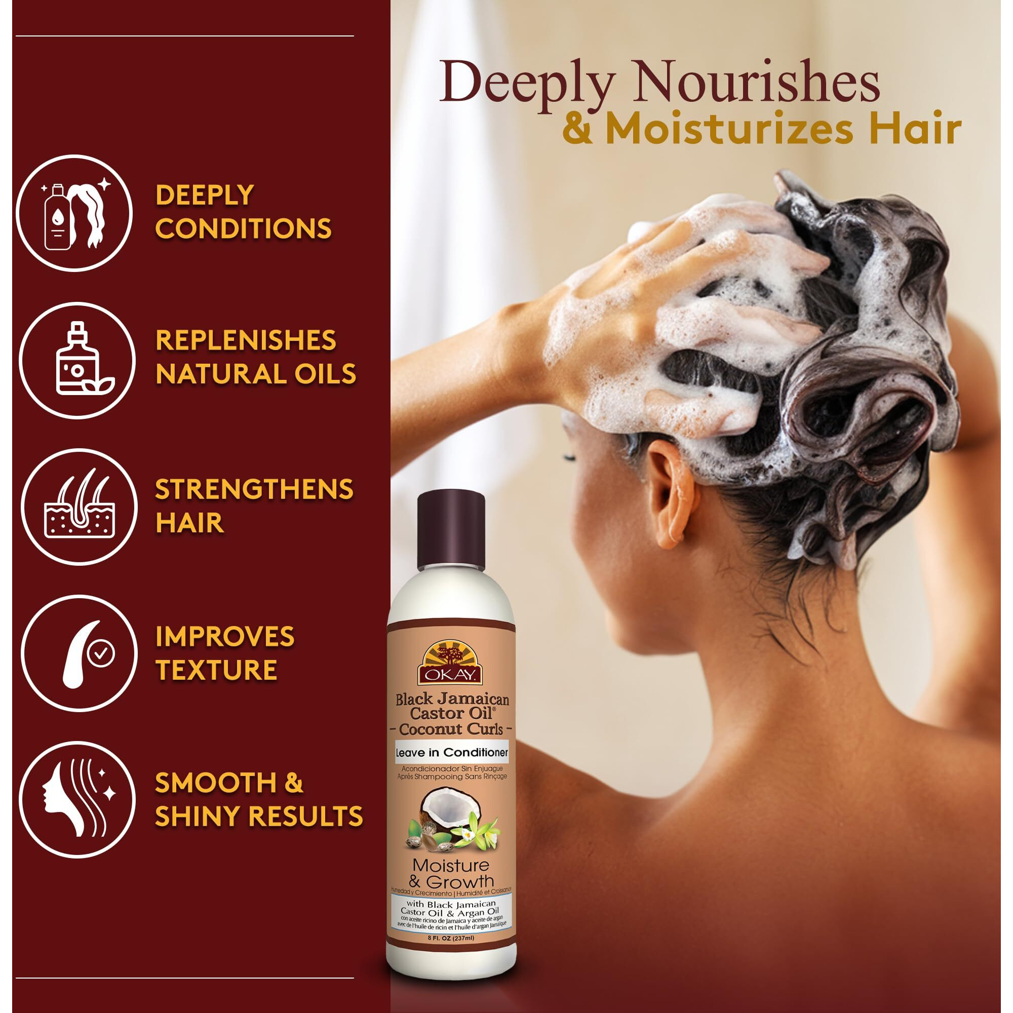 Okay Black Jamaican Castor Oil Coconut Curls Leave In Conditioner Helps Condition,Strengthen,and Regrow Hair Sulfate,Silicone,Paraben Free For All Hair Types and Textures Made in USA 8 oz